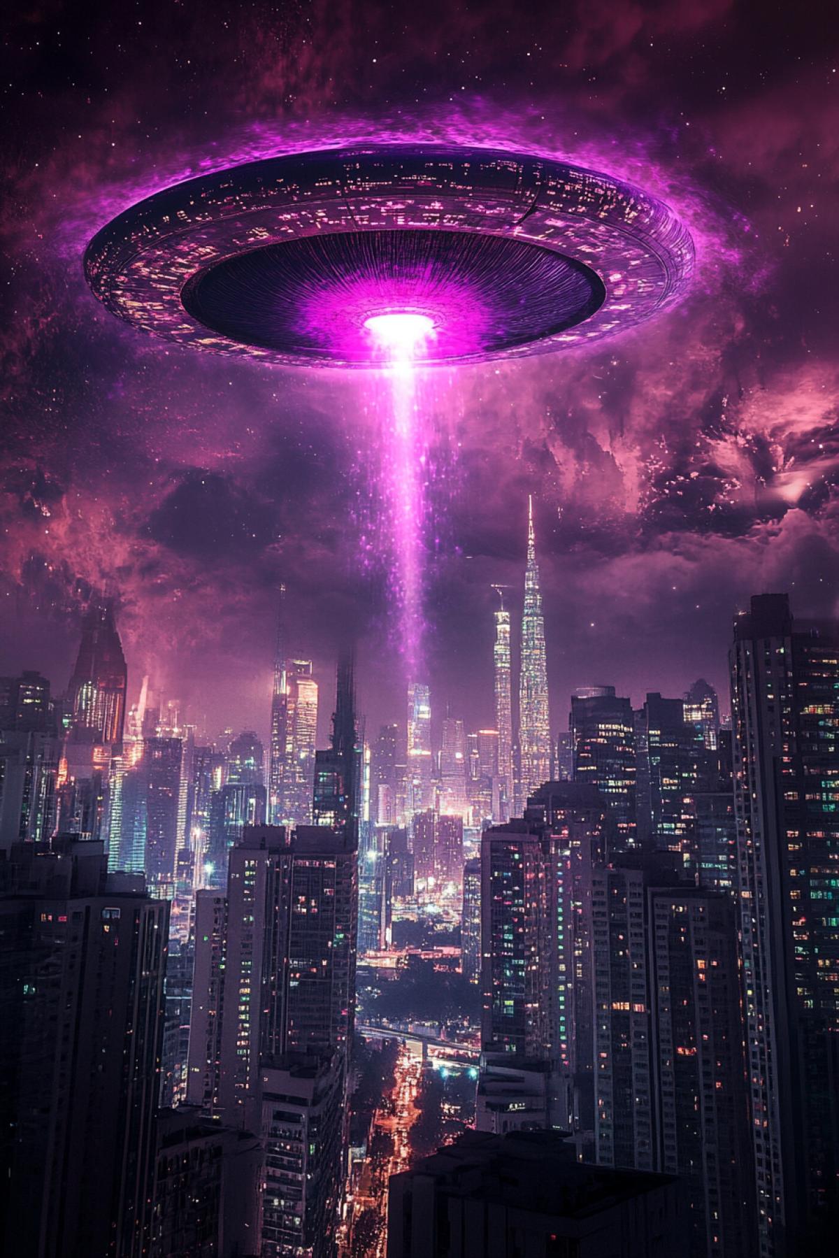 UFO over the city, caricature, psychedelic, gothic, flickering, realistic image, photoshop