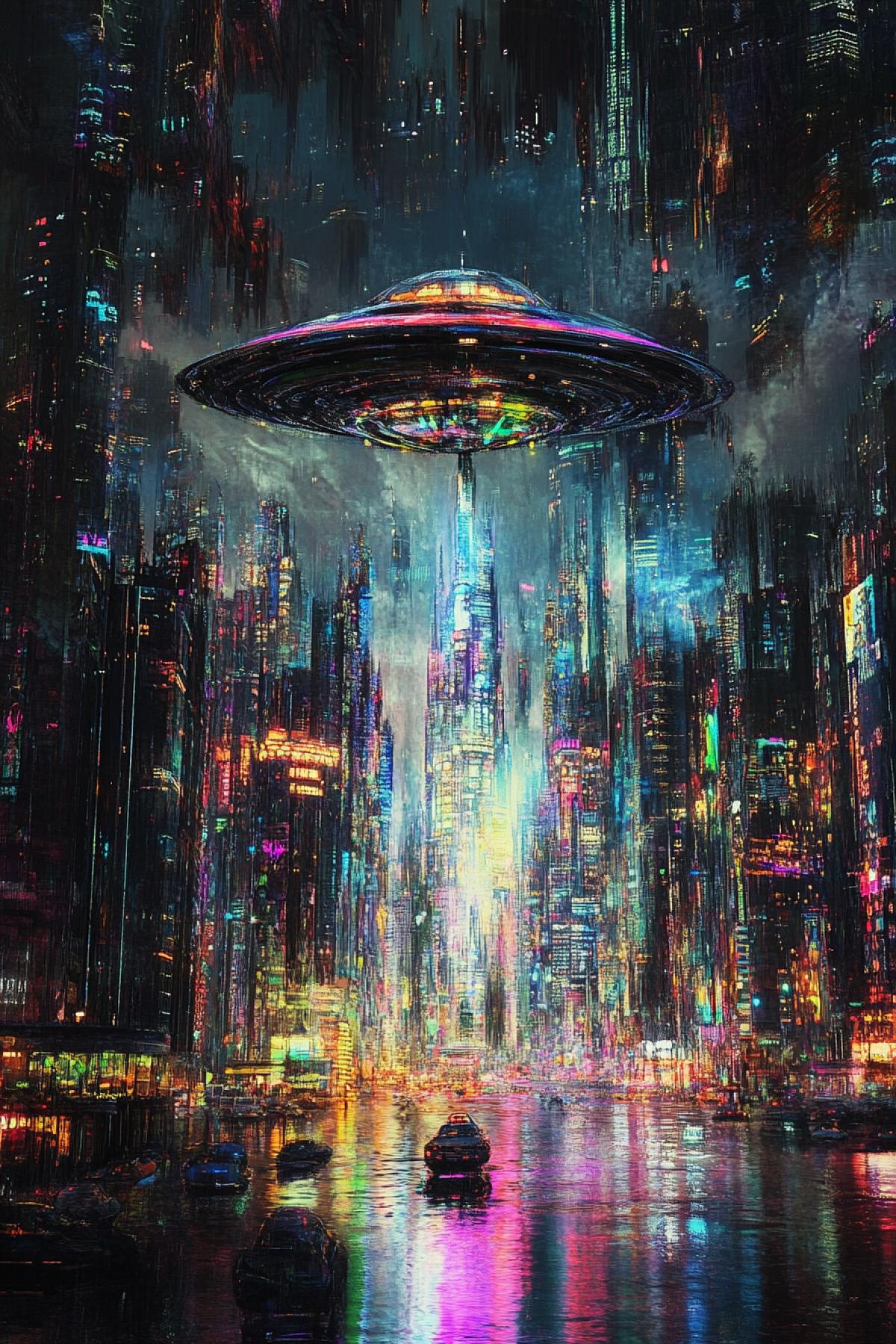 UFO over the city, caricature, psychedelic, gothic, flickering, realistic image, photoshop