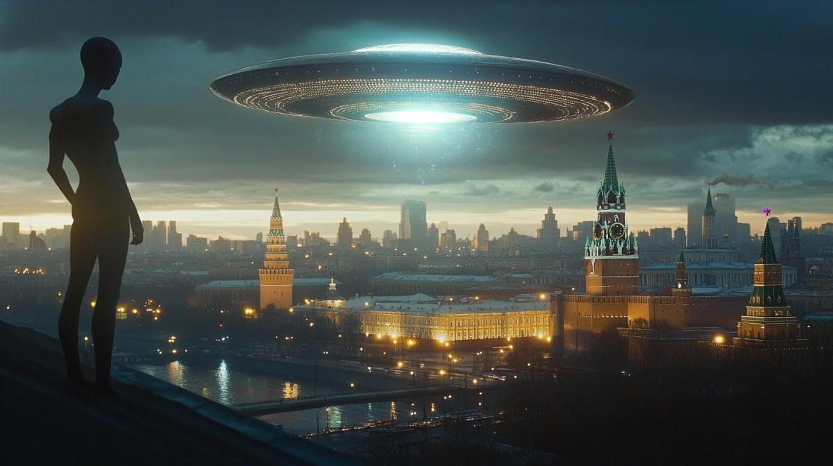 a big flying saucer hangs over the city, Moscow, the Kremlin, city lights. Light emanates from the plate, illuminating the Kremlin on Red Square in Moscow. There is an alien on the roof nearby. Surrealism. Cinematic, High quality photo