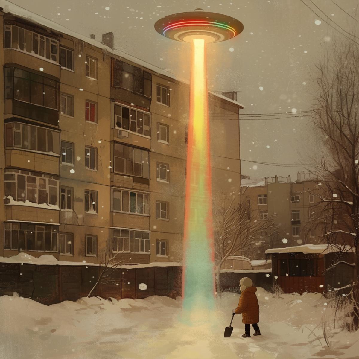 A UFO with multi-colored lights hangs low above the ground, then a bright straight column of light goes down to the ground, next to a little girl in winter clothes with a small shovel in her hands, in the courtyard of a residential building, winter, sunny day, white snow on the ground, on houses and trees by Atey Ghailan