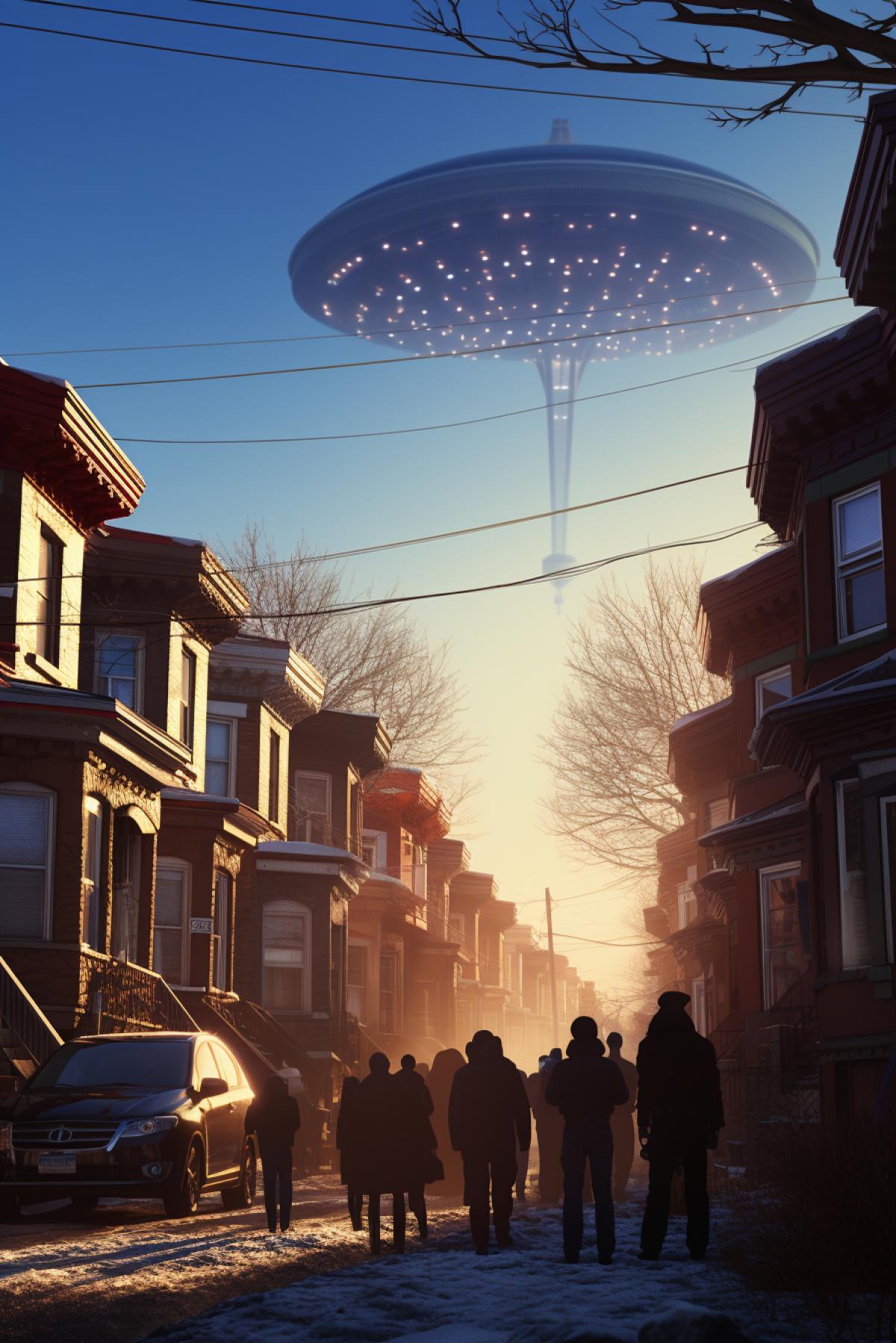 A UFO with multi-colored lights hangs low above the ground, then a bright straight column of light goes down to the ground, next to a little girl in winter clothes with a small shovel in her hands, in the courtyard of a residential building, winter, sunny day, white snow on the ground, on houses and trees, oil painting, by Atey Ghailan