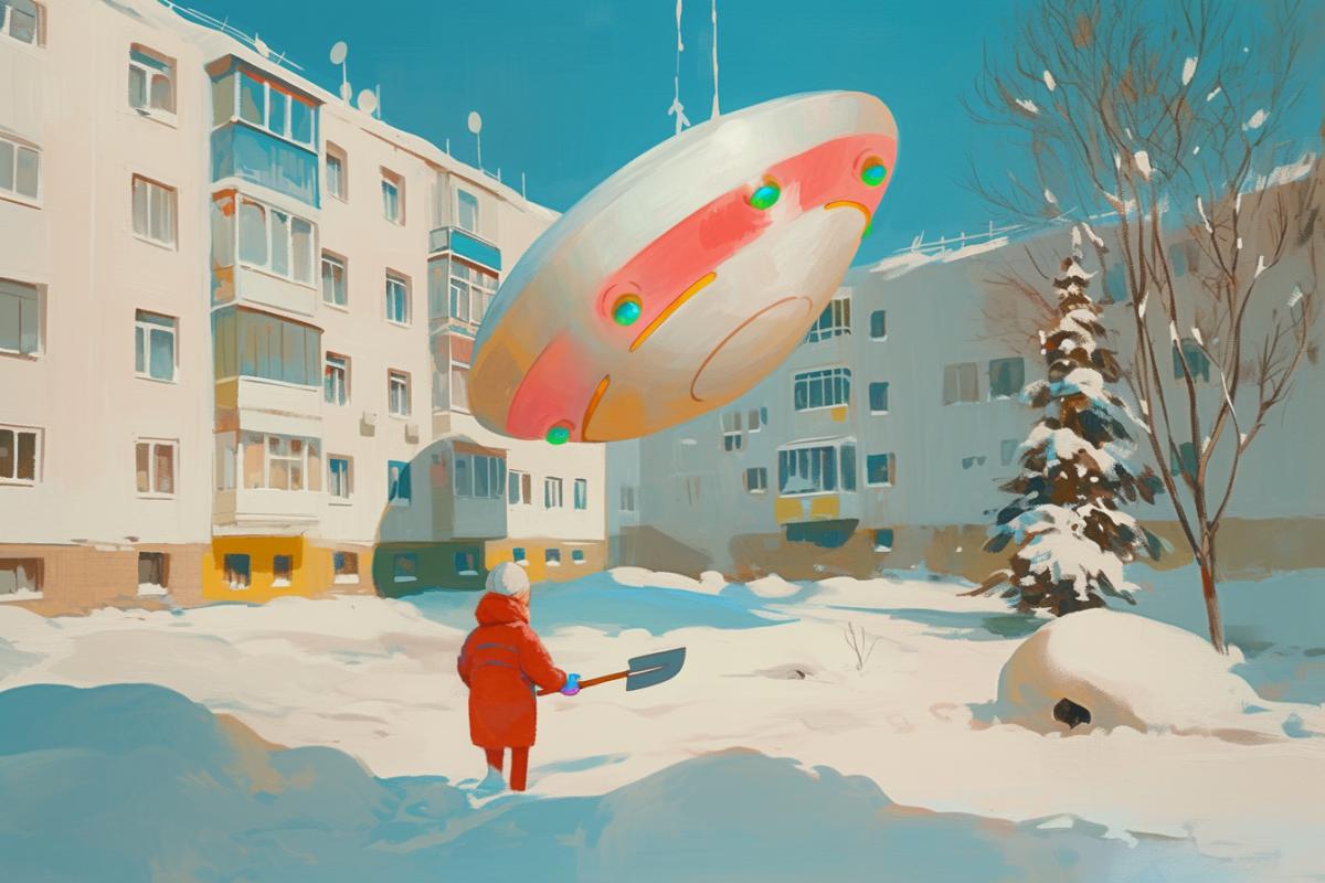 Atey Ghailan style Sketch Style, a large fragment of a UFO with multi-colored lights sticks out of a snowdrift, in the courtyard of a residential building, winter, a little girl in a winter jacket stands nearby with a small shovel in her hands, sunny day, white snow on the ground, on houses and trees, illustration, acrylic paints, by Atey Ghailan