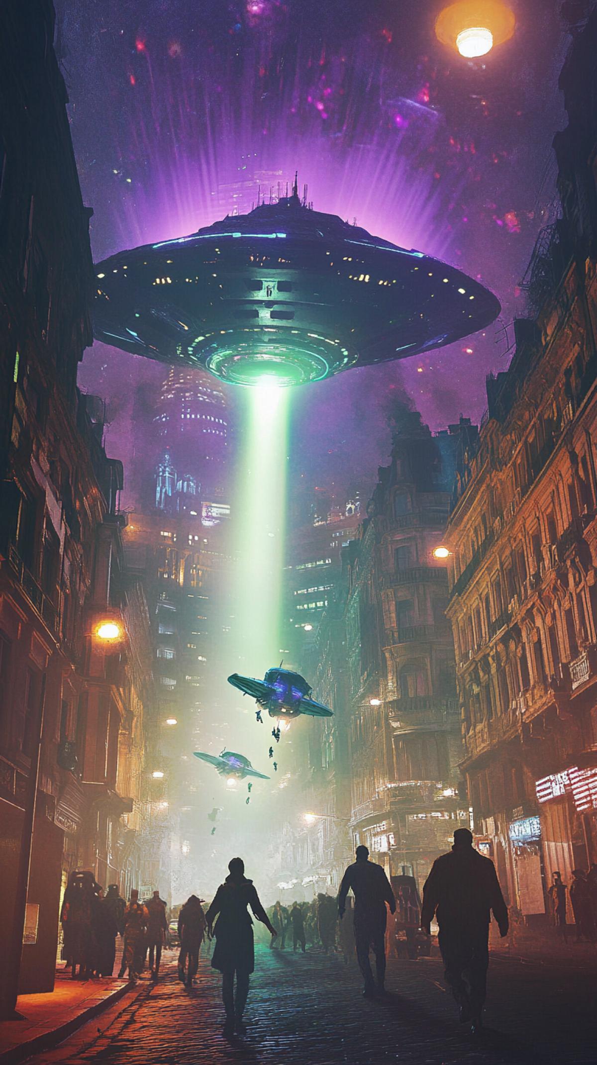 A night view of the urban landscape with a big alien carrier ship hovering above it, casting a bright ray on the buildings below, we see a portal opening in the ship and people are being sucked into it, a portal to outer space, sky-fi, a cinematic shot of the city, spectacular lighting artificial street lighting, purple and green are also visible above the alien ship, tense atmosphere, Cinestill 50D, detailed com4k