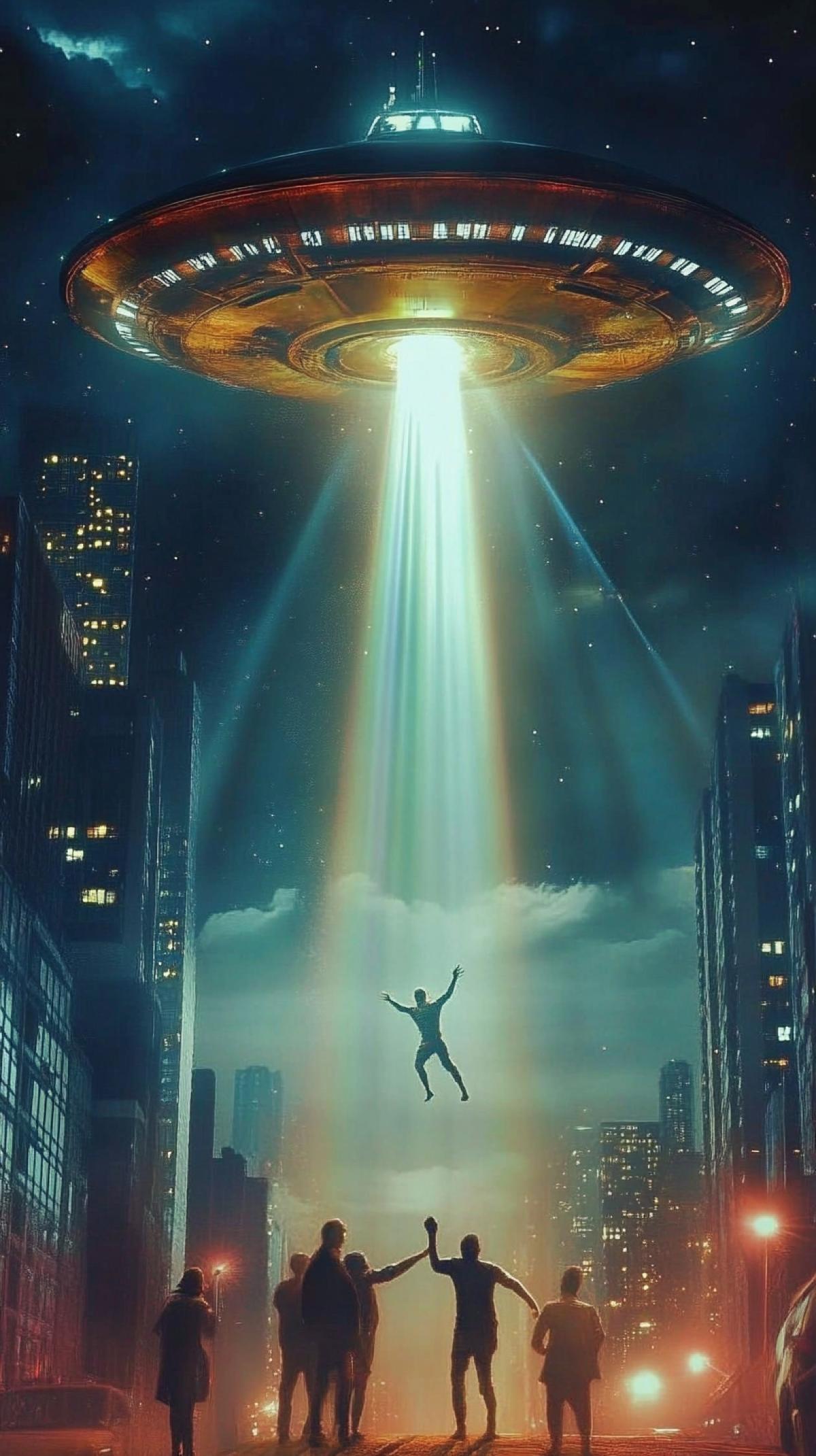Night, a UFO is hovering over the city, a beam from an alien ship takes people on board, a UFO abducts people, a bottom view, an atmosphere of panic, a cinematic frame, hyper-detailed