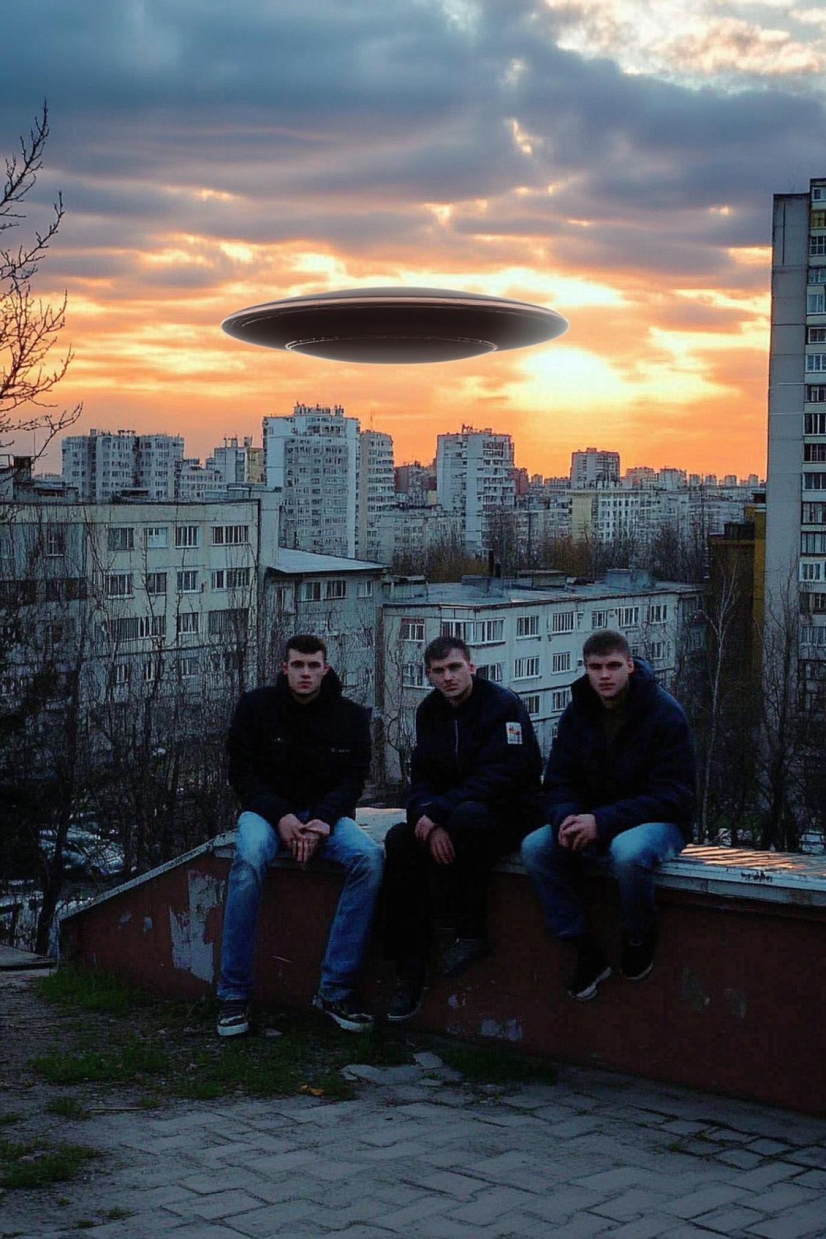 A UFO flying saucer hovered over the city.