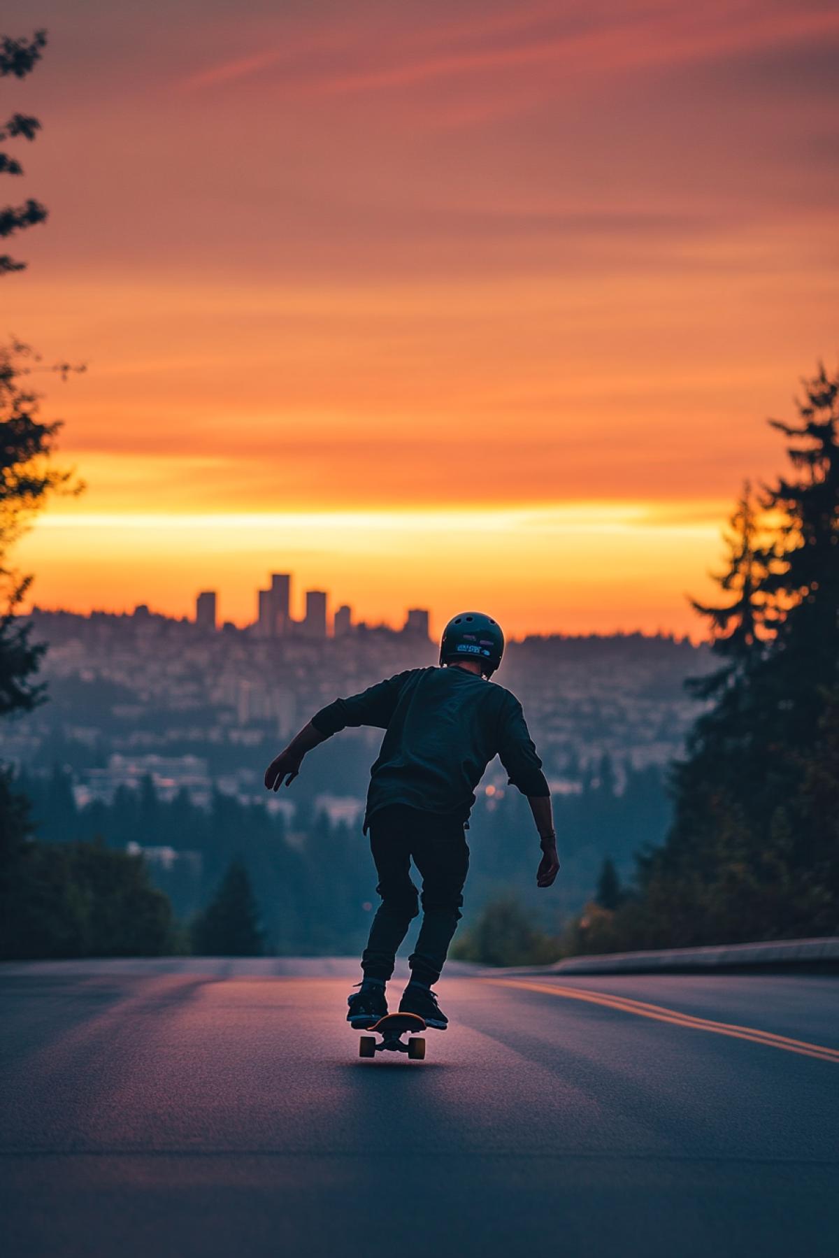A guy in a helmet and on a skateboard rides down the road from the mountain, against the backdrop of a beautiful sunset, forests and city high-rises can be seen in the distance