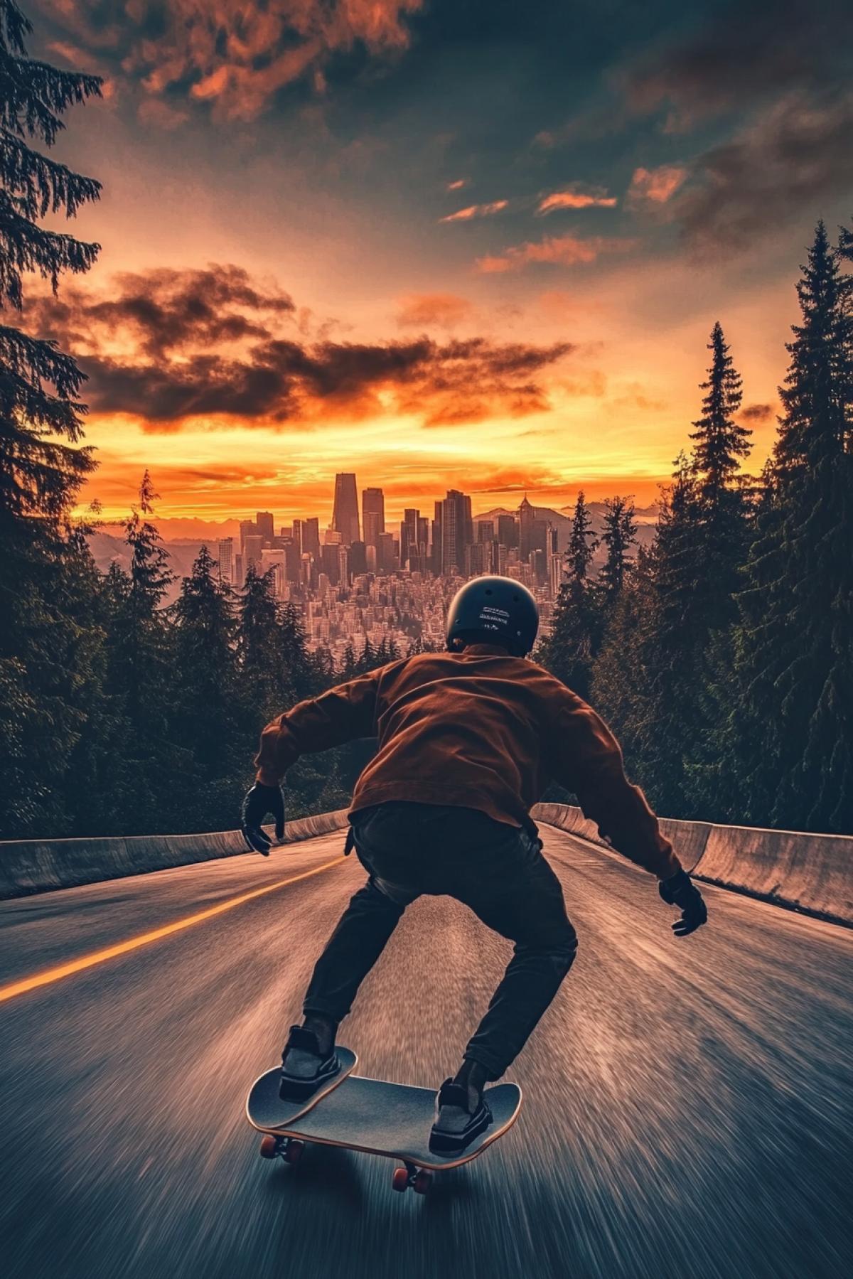 A guy in a helmet and on a skateboard rides down the road from the mountain, against the backdrop of a beautiful sunset, forests and city high-rises can be seen in the distance