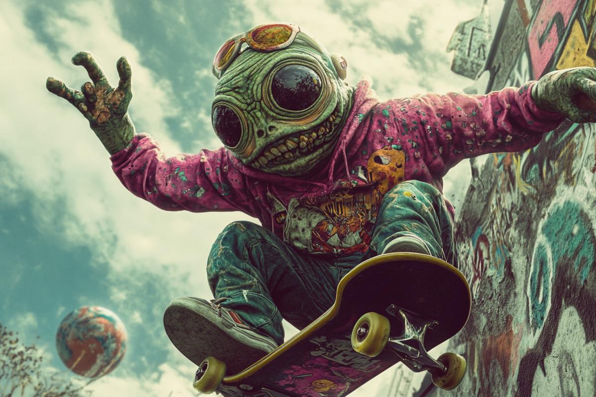 Skateboarder fat alien at the moment of falling