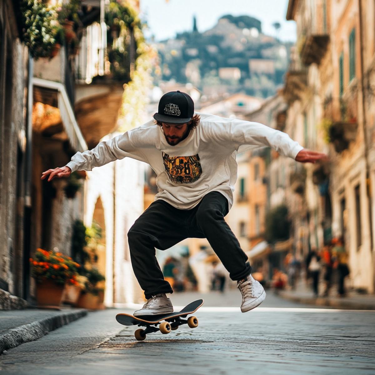 Skateboarder makes turns on an Italian street