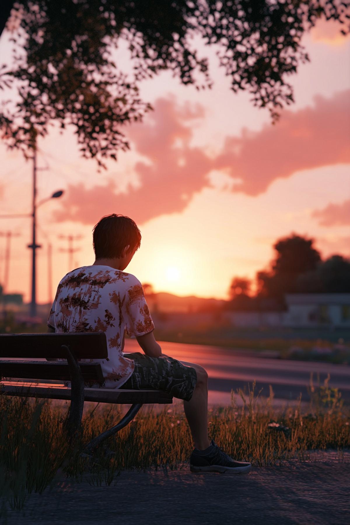 There is a bench on the asphalt, the asphalt only covers half the frame and on the bench sits a character from the game Pubg Mobile in shorts and a shirt, turning his head and looking at the dawn with one leg crossed over the other and his elbow on the bench and his head on his palm and summer