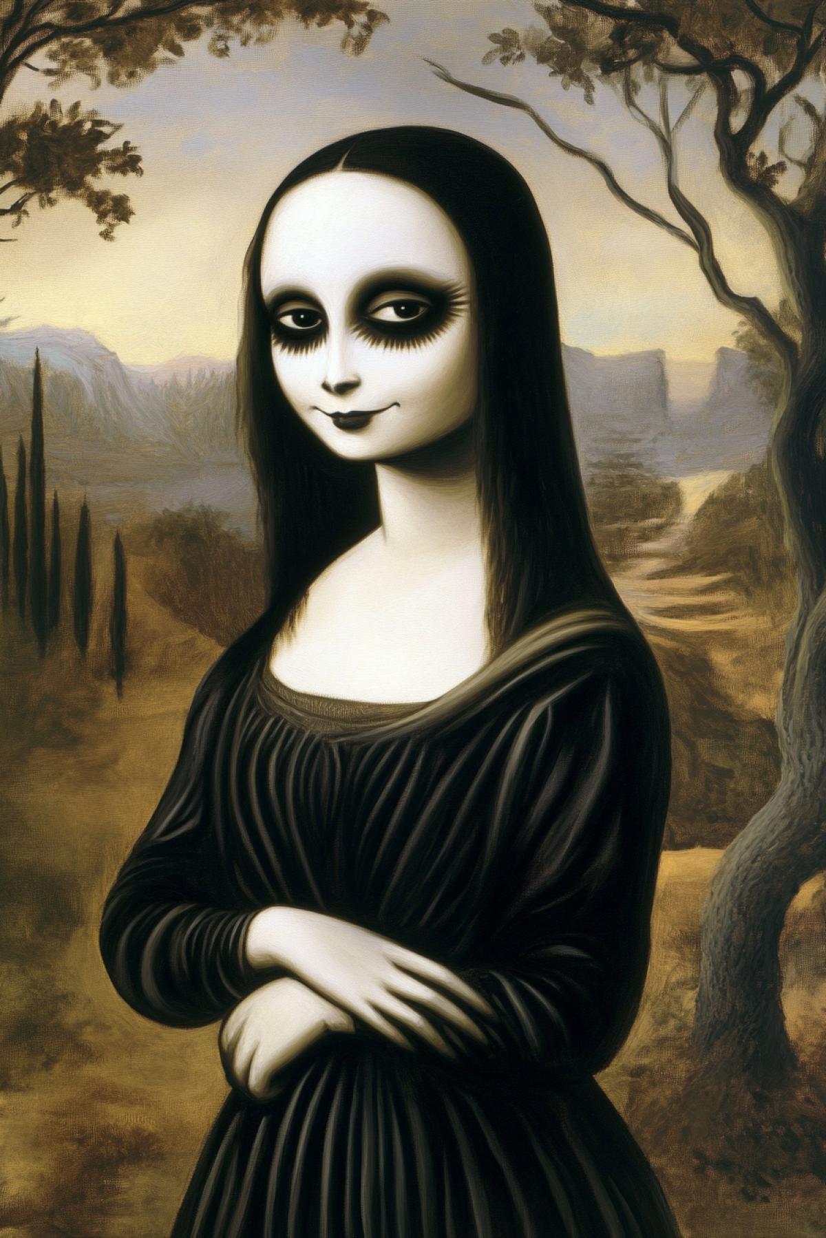 A Tim Burton-inspired painting of the Mona Lisa.