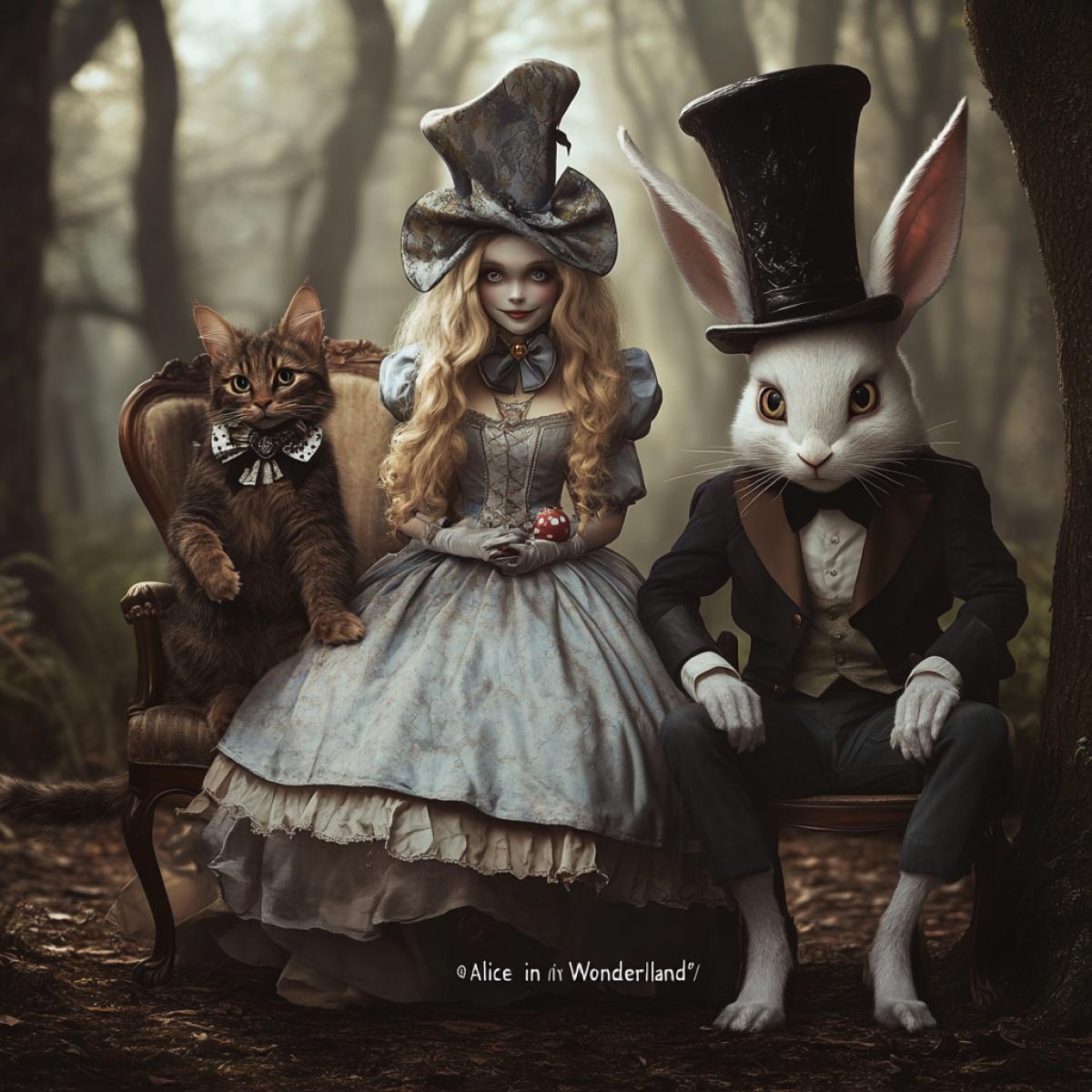 Surrealistic picture of characters from \"Alice in Wonderland\" in the style of Tim Burton. Alice in a beautiful dress, next to one side of Alice stands a cheerful dark Cheshire cat and on the other side sits on a chair a large white rabbit dressed in a top hat and a dark tailcoat with a bow on his neck, the background is a forest glade ar 3:4 c 1 w 1 s 1000 style raw v 6.1