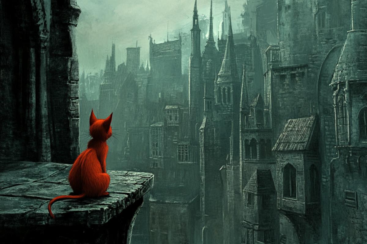 A Tim Burton style, red cat looking up at a gothic city, cartoon