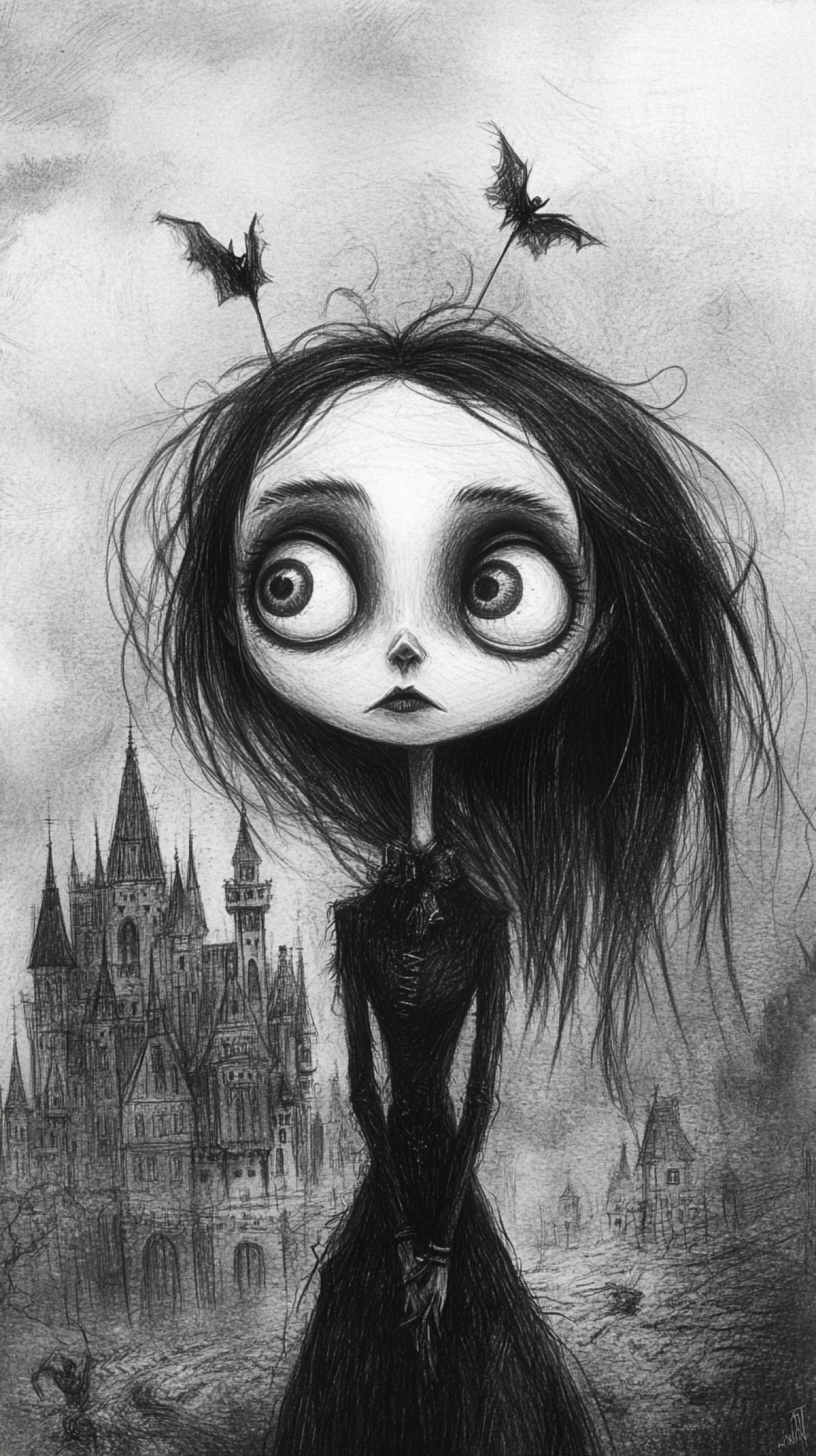Wednesday from the Adams Family in the style of Tim Burton, against the background of a Gothic castle, gloomy atmosphere, Tim Burton, drawing in dark pencil