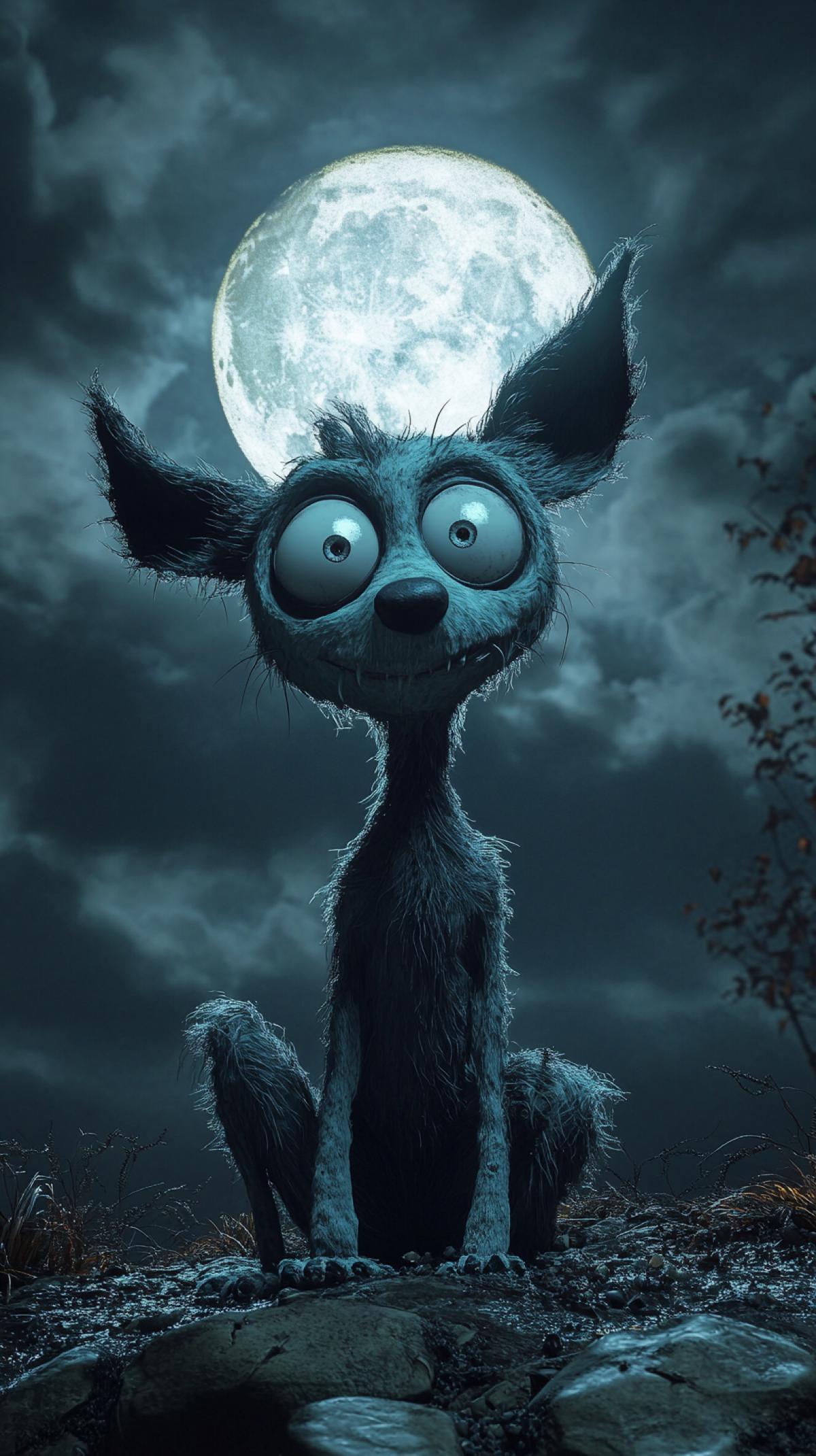 Tim Burton-style dog, on the background of a full moon, gloomy atmosphere, Tim Burton, 3D cartoon