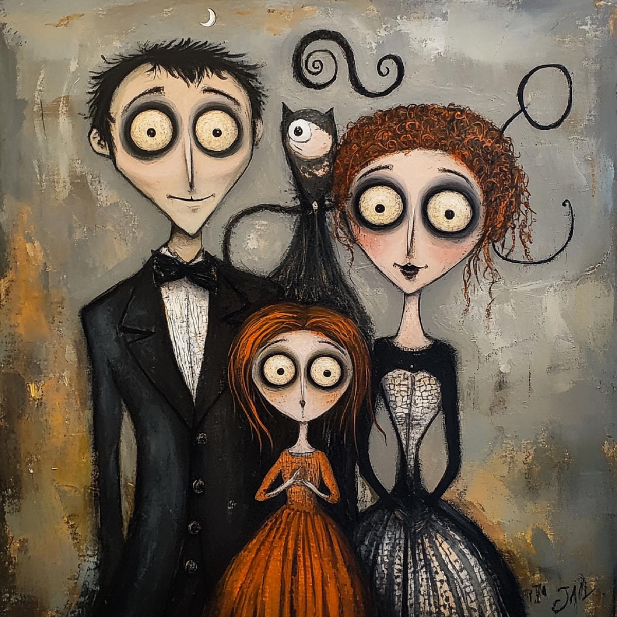 Family portrait in the style of Tim Burton