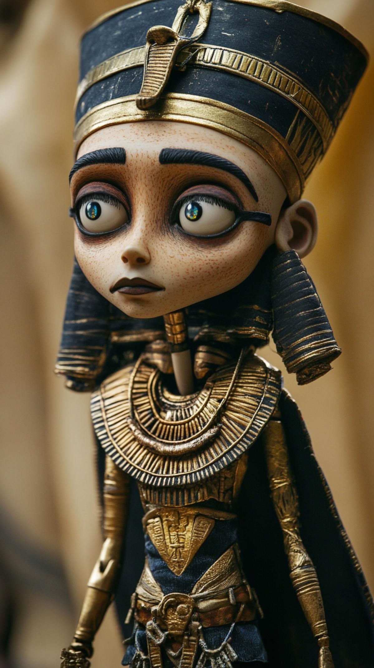 Doll Pharaoh Tutankhamun in the style of Tim Burton, still from the animated film