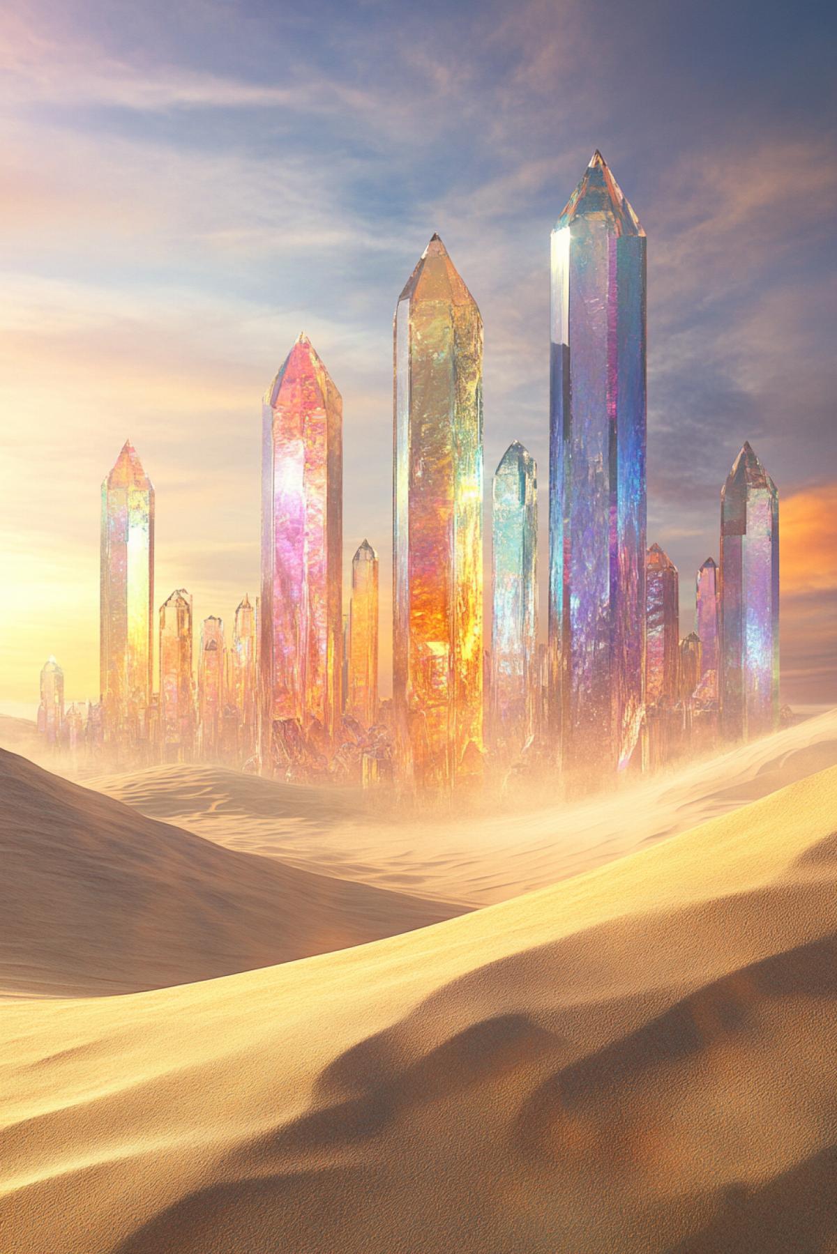 An endless desert with golden dunes, on the horizon a big crystalline city shimmering with all the colors of the rainbow, a sky in pastel colors, a light haze creating a mystical atmosphere, realistic style, depth of field, emphasis on the contrast of sand and crystals, textures of sand and glass surfaces, a mysterious mood , shadows from crystals on the sand, a fantastic element, the movement of the wind lifting the sand.