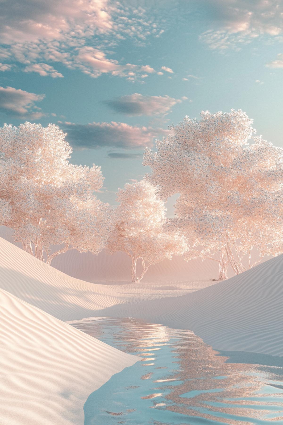 Desert with white sand dunes with big glass trees reflecting light, sky in blue and pink tones, light wind creating ripples in the sand, realistic style, depth of field, emphasis on trees and their reflections, textures of glass and sand, mysterious mood, shadows from trees, fantastic element, contrast of fragility and power.