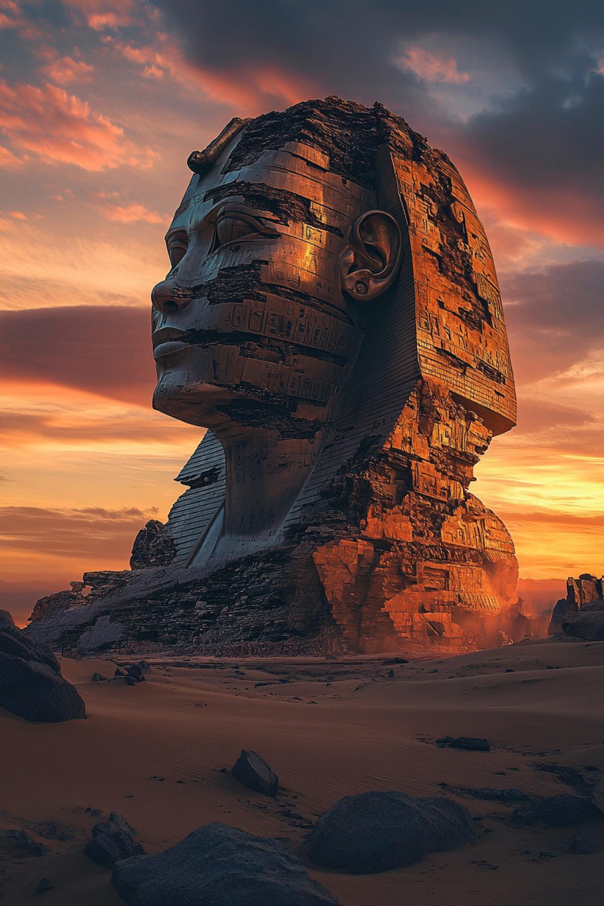 A desert with rocky plateaus, among which rises a big mechanical sphinx, covered with rust and sand, a sky in orange and purple tones, the rays of the setting sun illuminating the details of the structure, realistic style, depth of field, emphasis on the sphinx and the surrounding landscape, textures of stone and metal, an atmosphere of mystery, shadows from the sphinx, a fantastic element, a contrast between the ancient and the mechanical.