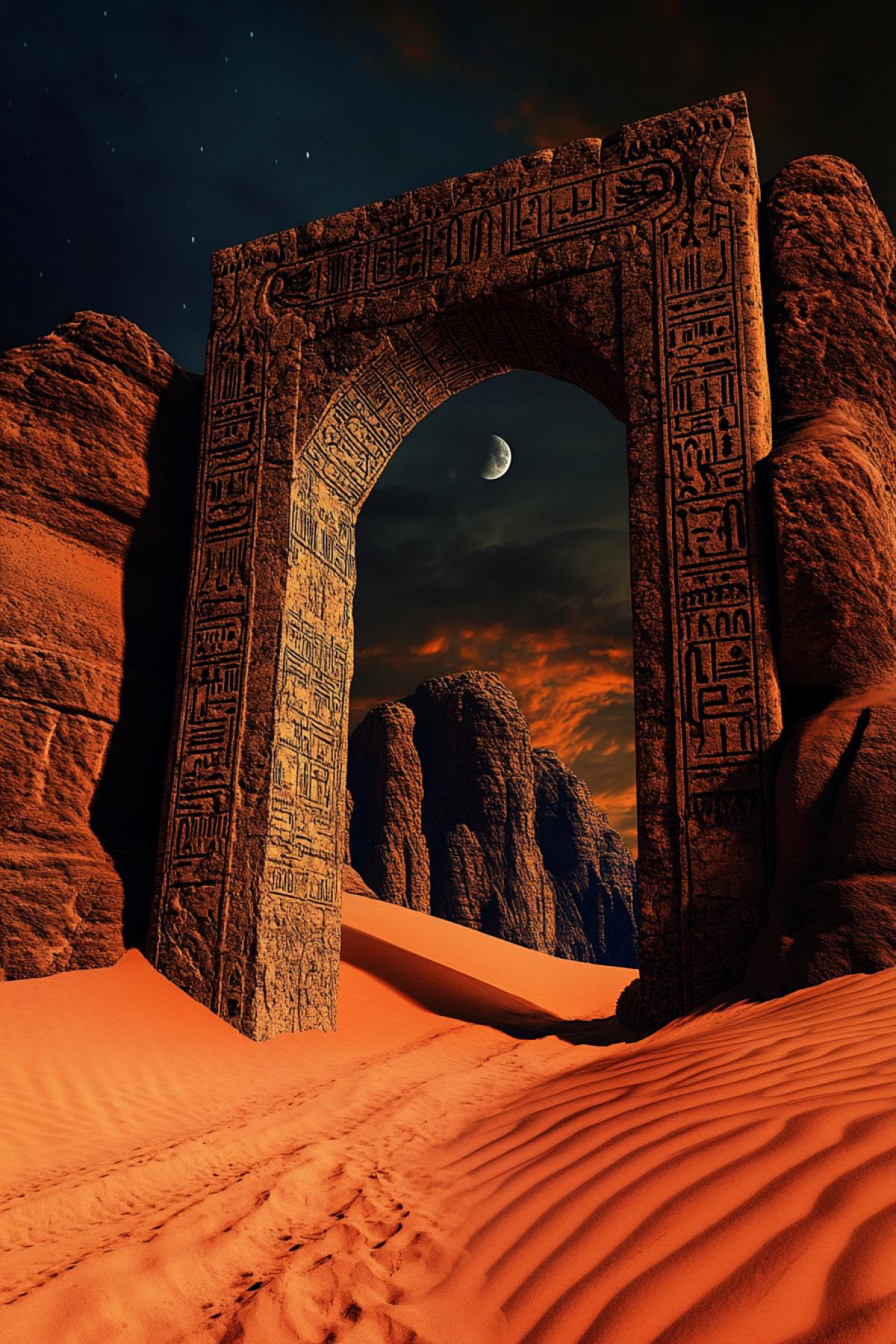 A desert with red sand dunes on which stand big stone arches covered with ancient symbols, a sky in dark blue and orange tones, moonlight illuminating the arches, realistic style, depth of field, emphasis on the arches and their details, textures of stone and sand, an atmosphere of mystery, shadows from the arches, a fantastic element, the contrast of the ancient and the eternal.