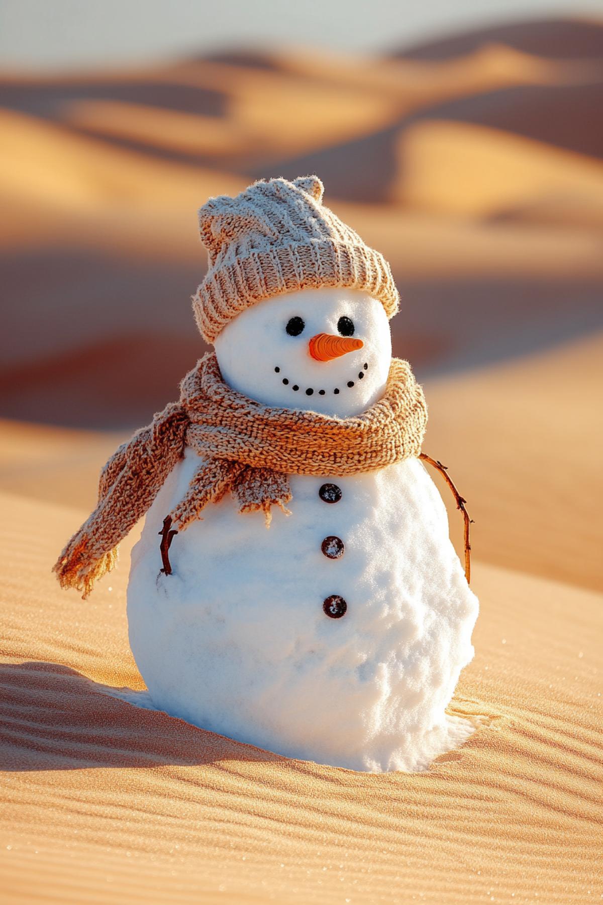 A snowman walks through the Sahara Desert. He is dressed in warm clothes. He is very cold.
