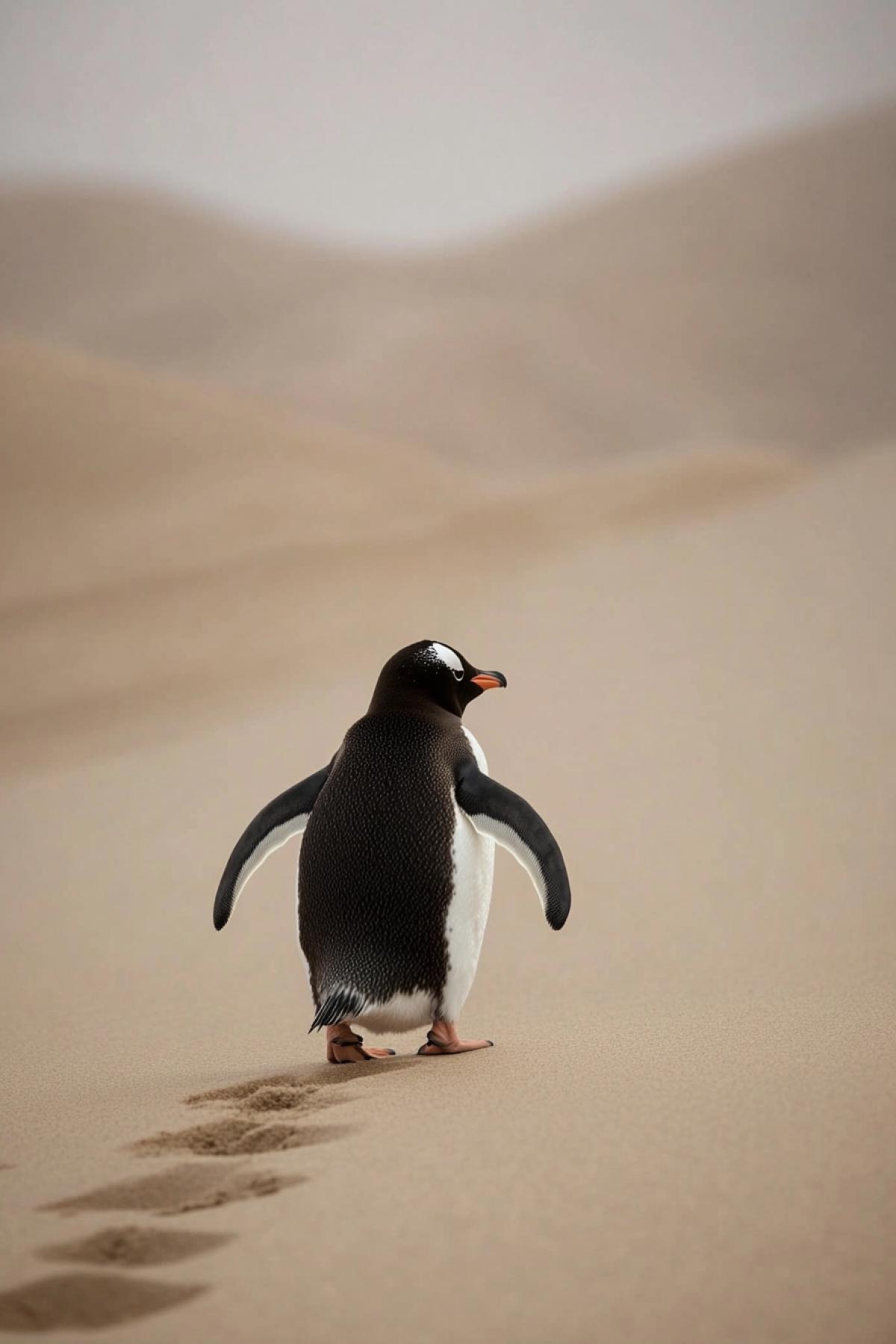 Endless desert. A sad penguin walks with its hands in its pockets, kicking the sand while looking down dejectedly.