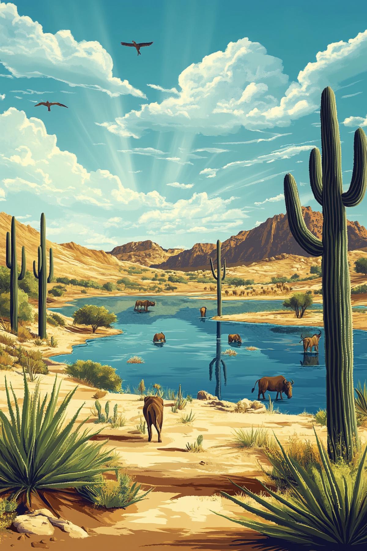 Sandy desert under the scorching sun with cacti and an azure lake full of safari wild animals