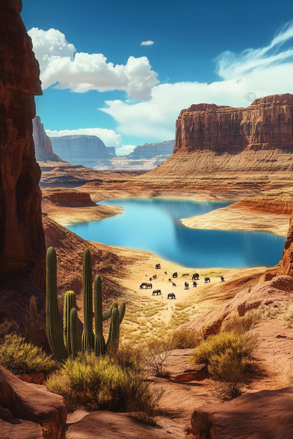 Sandy desert under the scorching sun with cacti and an azure lake full of safari wild animals