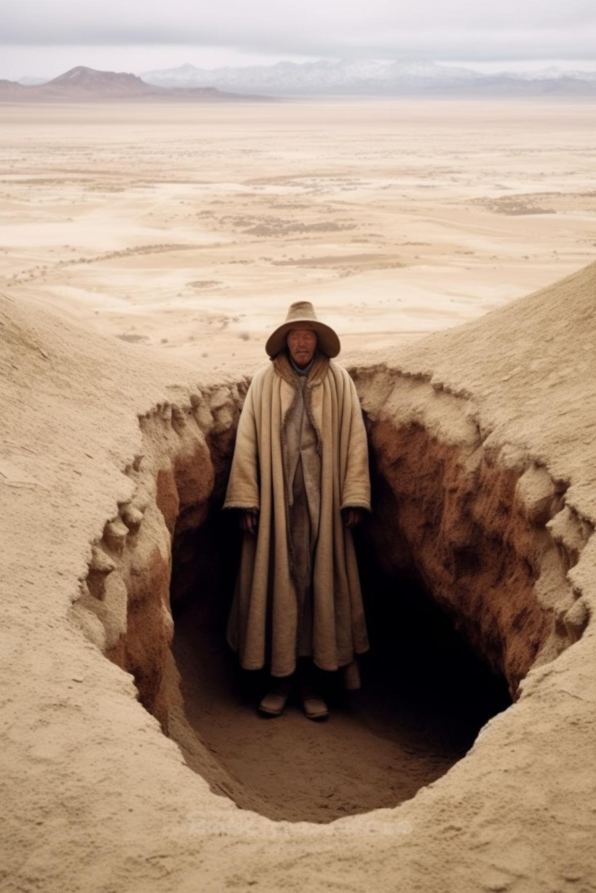 A Tibetan monk, dressed in a fur sheepskin coat and a national hat, looking out of a hole he dug, in the middle of the desert
