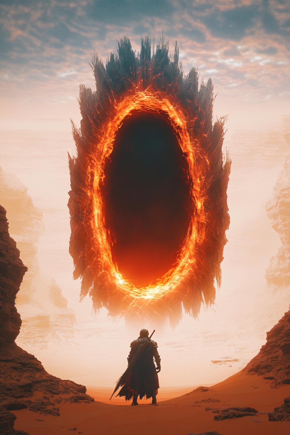 Endless desert. A paladin stands before an open portal to another dimension. A scene from a fantastic movie.