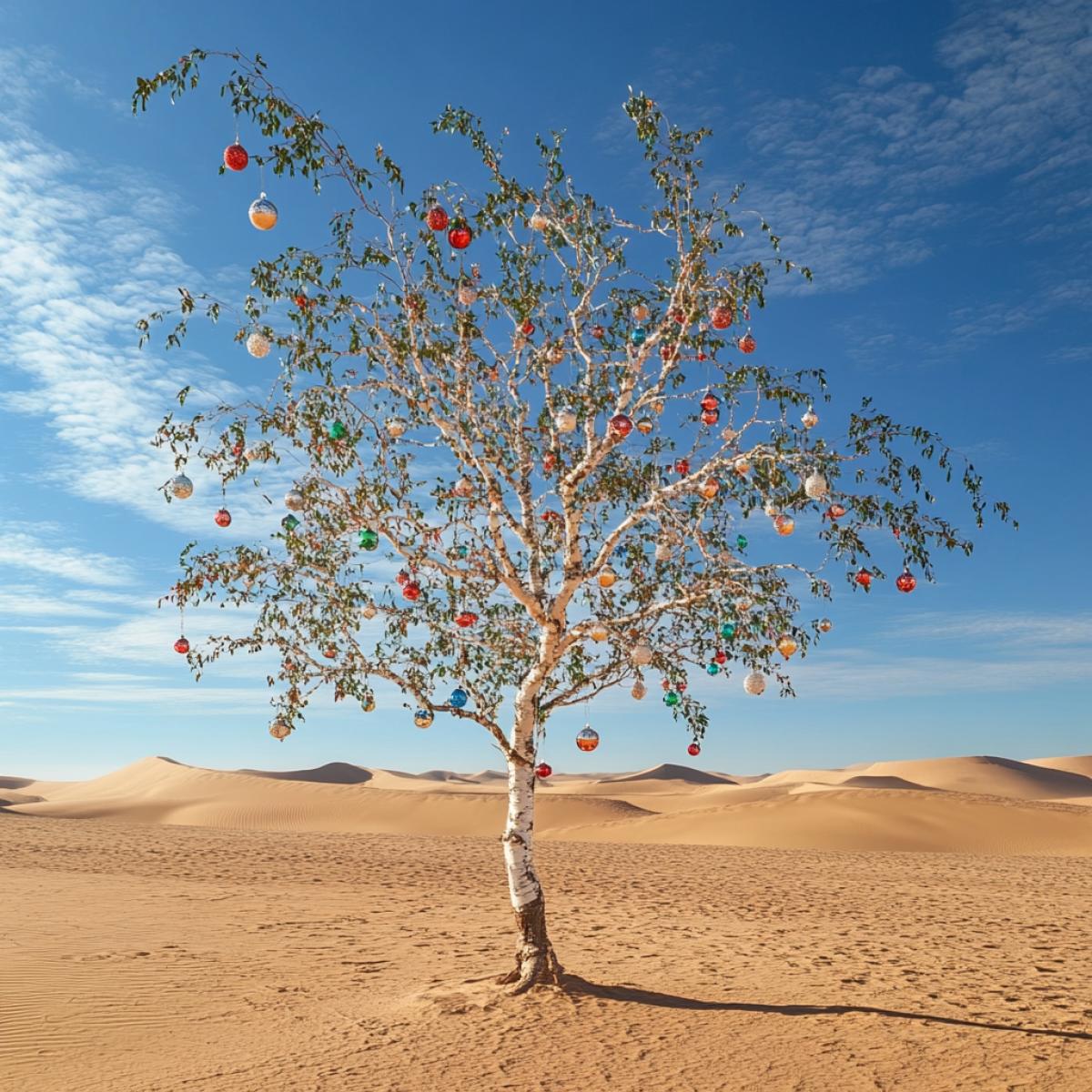Birch tree decorated with Christmas tree decorations on the sandy expanses of the desert