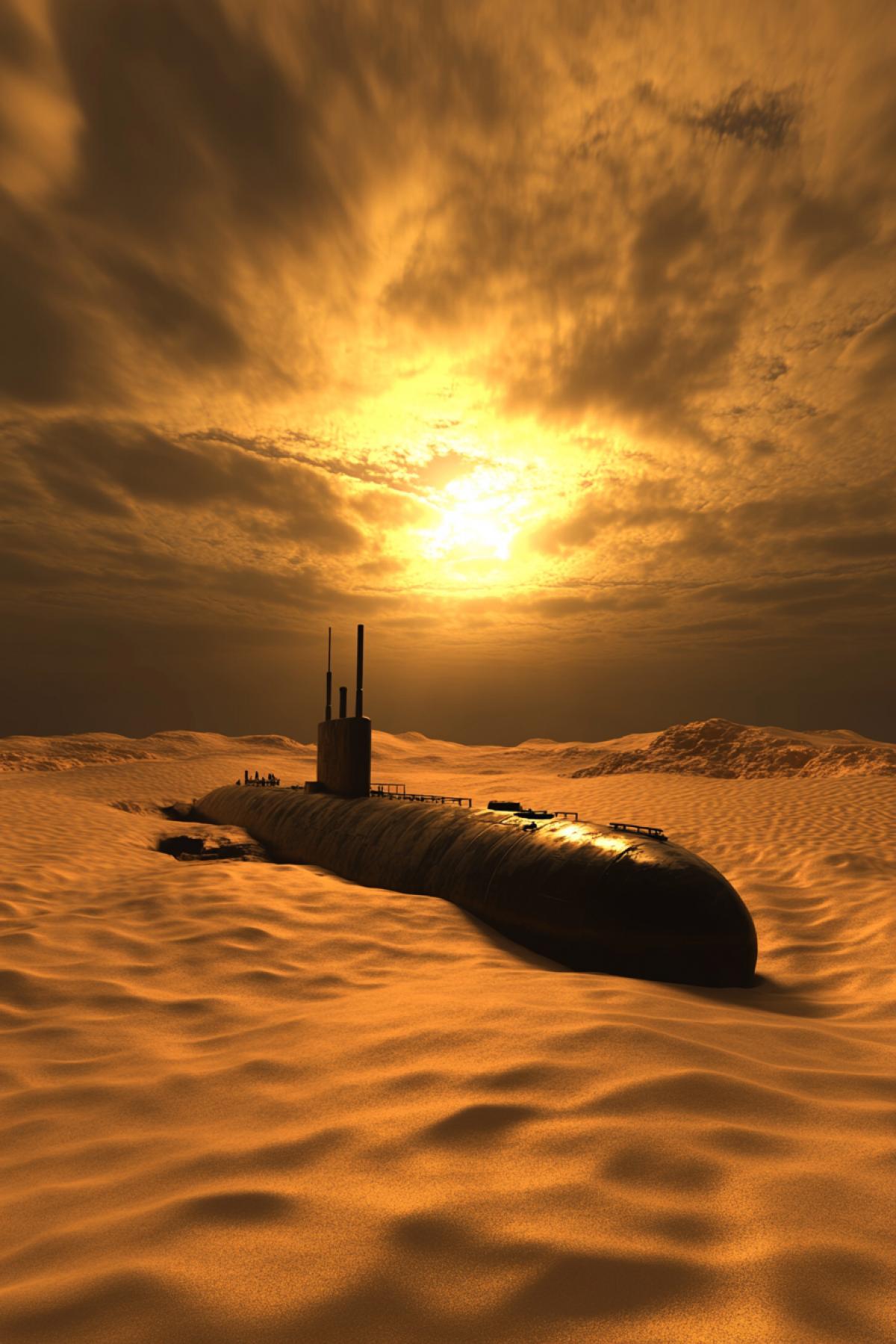 A submarine pops up from beneath the desert sands.