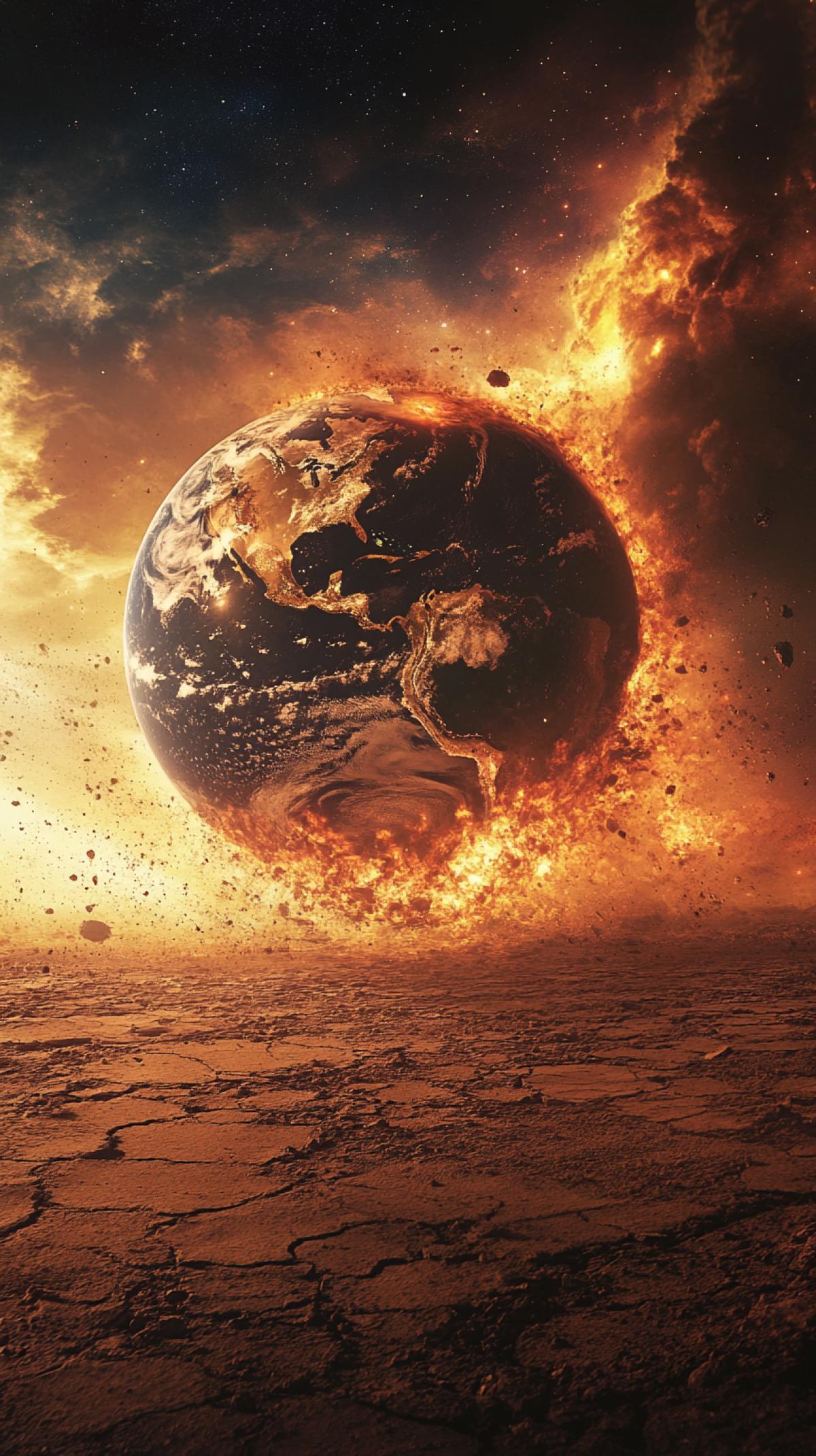 A planet from another galaxy destroys the Earth, view in the desert, heat