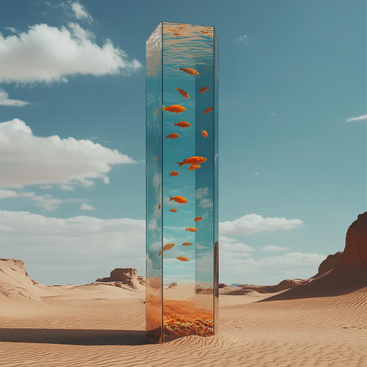 A tall aquarium with water and fish in the middle of the desert sands