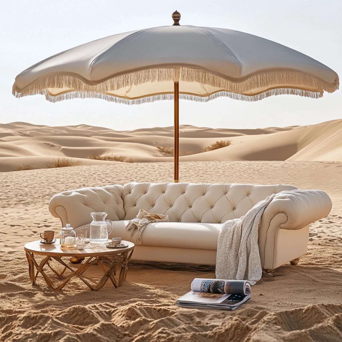 A luxurious soft sofa under a large umbrella, next to a table there is a jug of water and glasses, and colored magazines, a blanket on the sofa, all this is in the desert, right on the sand