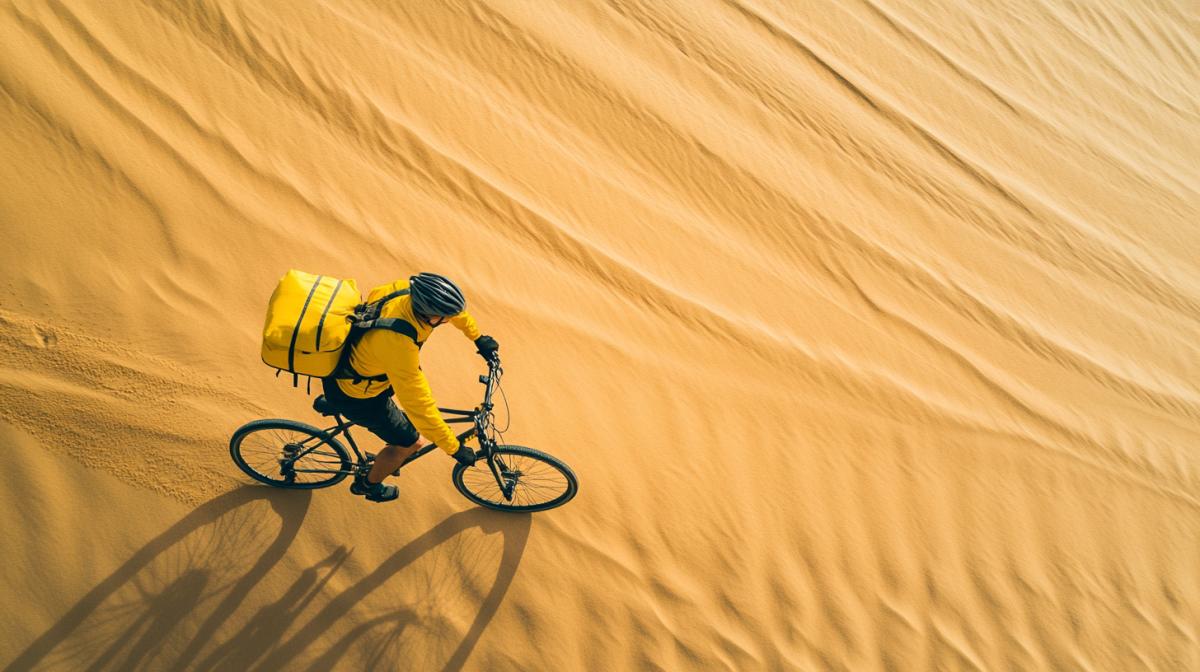 Perspective picture, Desert, heat, sand, sun. A courier is riding a bicycle, wearing a yellow jacket and carrying a yellow courier backpack. Top view