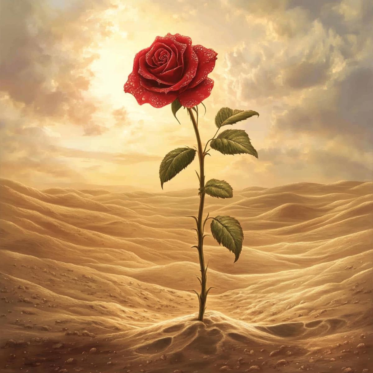 Desert, sun shining, hills of sand. In the middle of the desert, a beautiful unusual fantastic red rose grows, with drops of dew, with green leaves, a tall stem with thorns. The rose gives off a glow. Surreal. High quality photo. Drawing details.