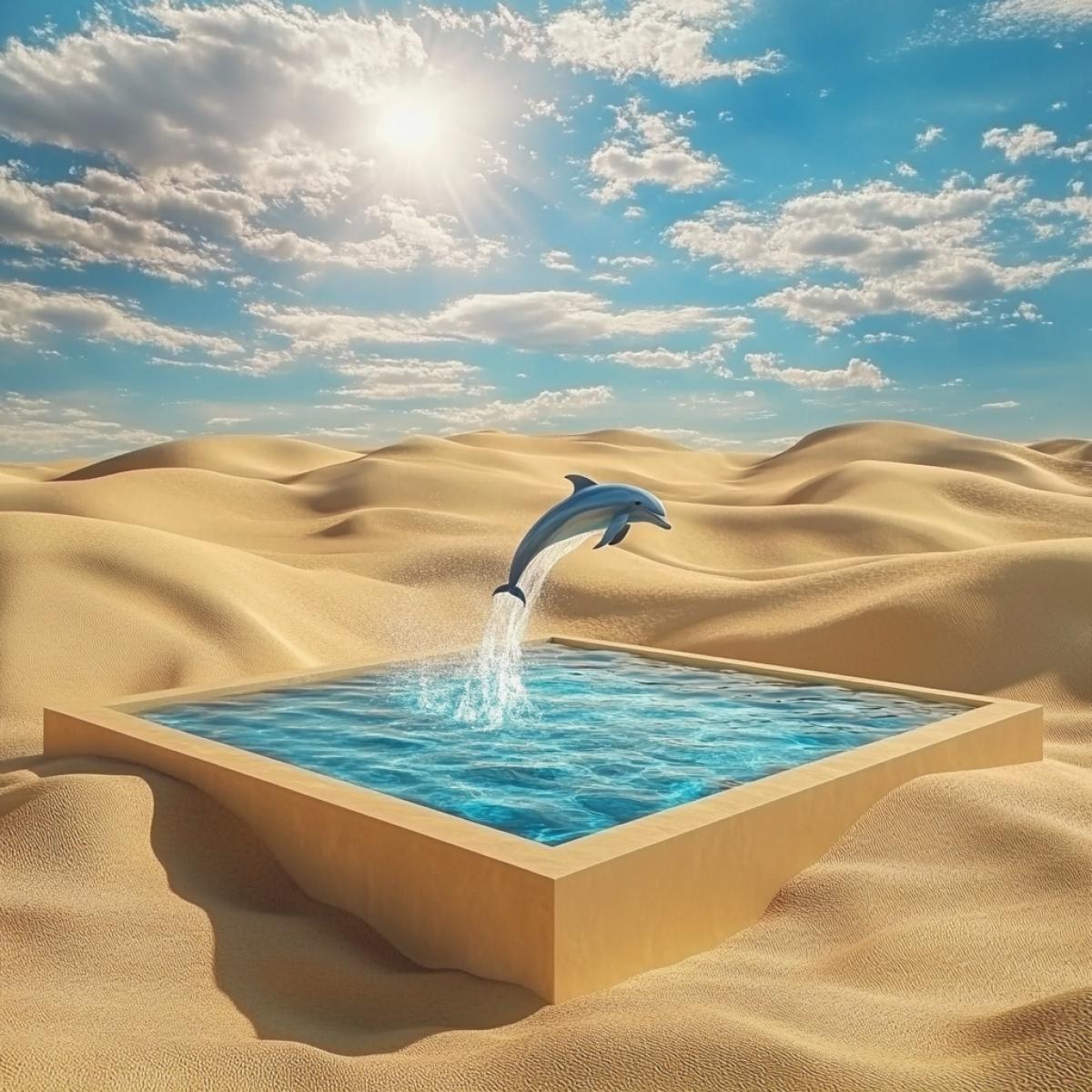 Desert, sun shining, hills of sand. In the center there is a square pool with sides with blue water, a dolphin jumps out of the water. Surreal. High quality photo. Drawing details.