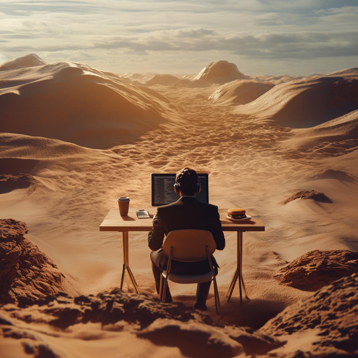 Desert, sun shining, hills of sand. In the center, a man is sitting at a table, working at a computer, wearing headphones, in a business suit. There is a glass of coffee and a burger on the table. Realistic High quality photo.