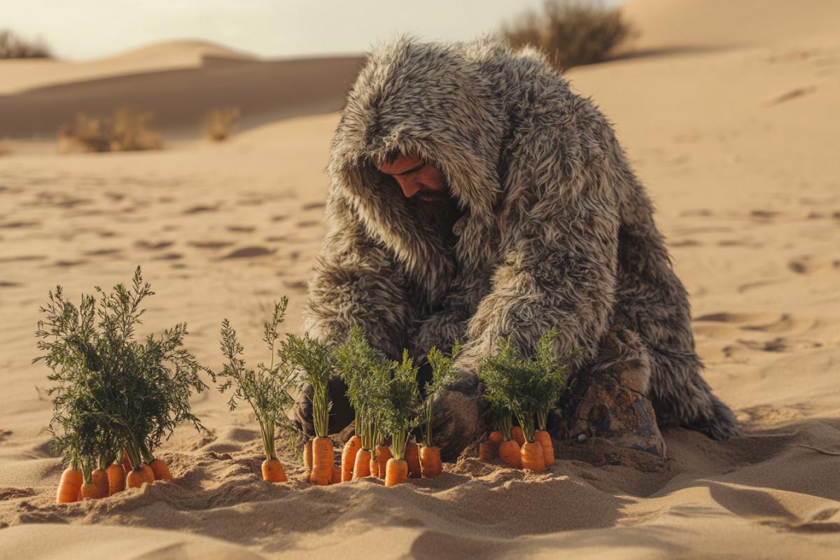 A man in a fur coat plants beds with carrots in the desert sands