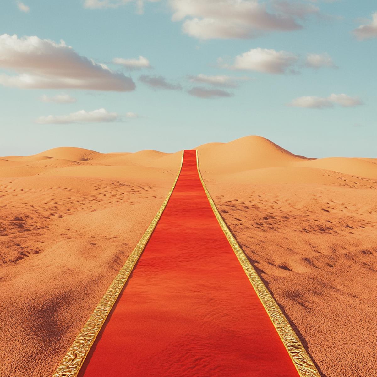 A narrow red carpet with gold edging, in the desert, goes to the horizon, beyond the dunes