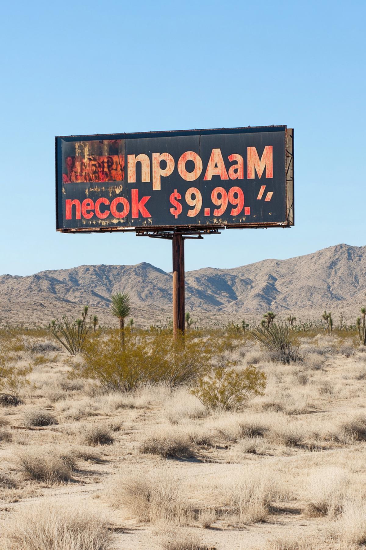 Desert. In the desert, there is a large billboard with the inscription in big letters \"npoAaM necok $9.99.\"