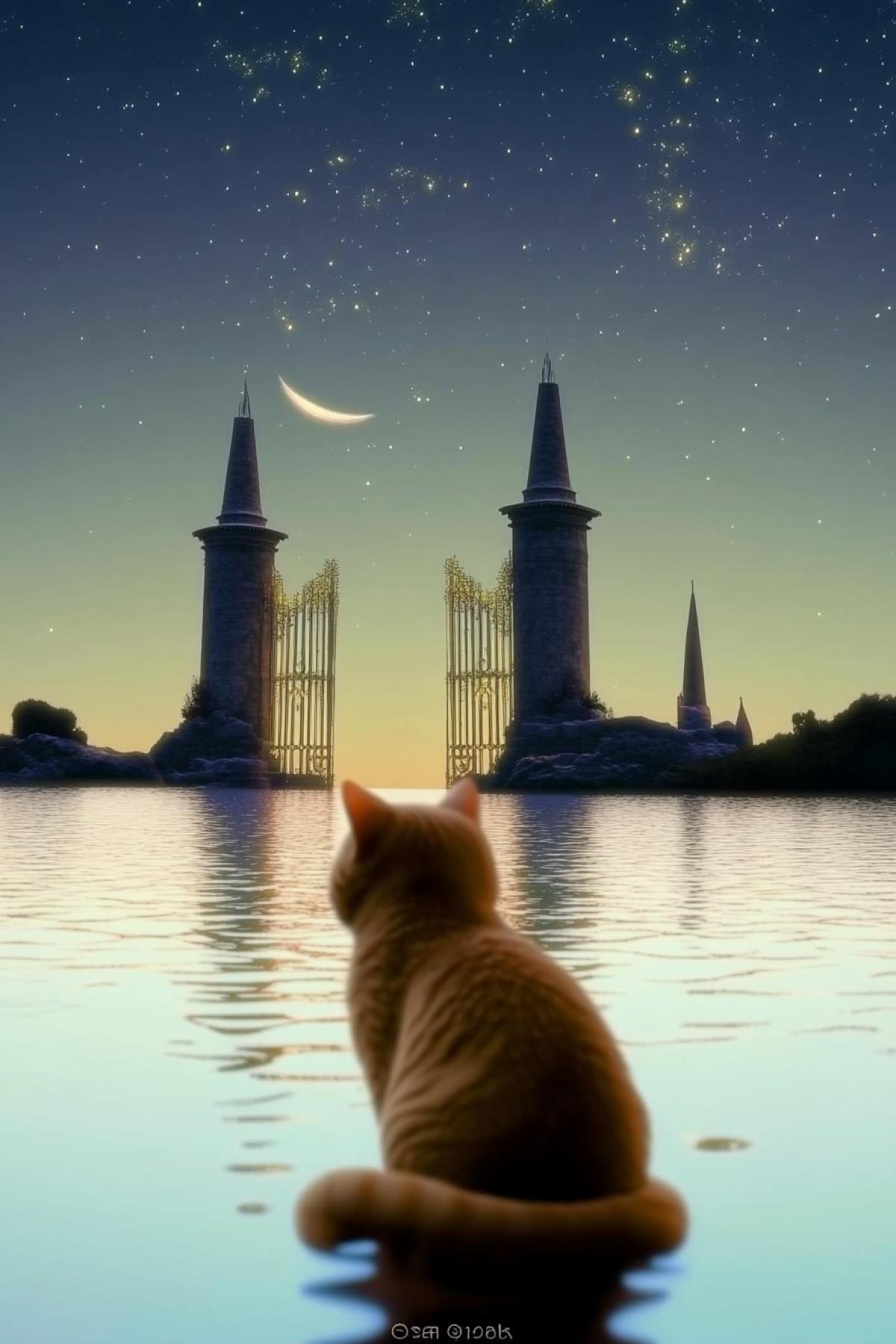 The golden cat sits on the water with his back to the viewer and looks at the gates to the fabulous ancient city in front of him under the starry sky, the glowing lake and the glowing lake surface. This is a reflection photography scene with a surreal Disney animation style aesthetic, with romantic river details, a fantasy illustration style, a night view with a yellow-green gradient, and a high-resolution symmetrical com4k. In the distance, two tall towers rise on either side of the castle. The gate is large and fabulous.