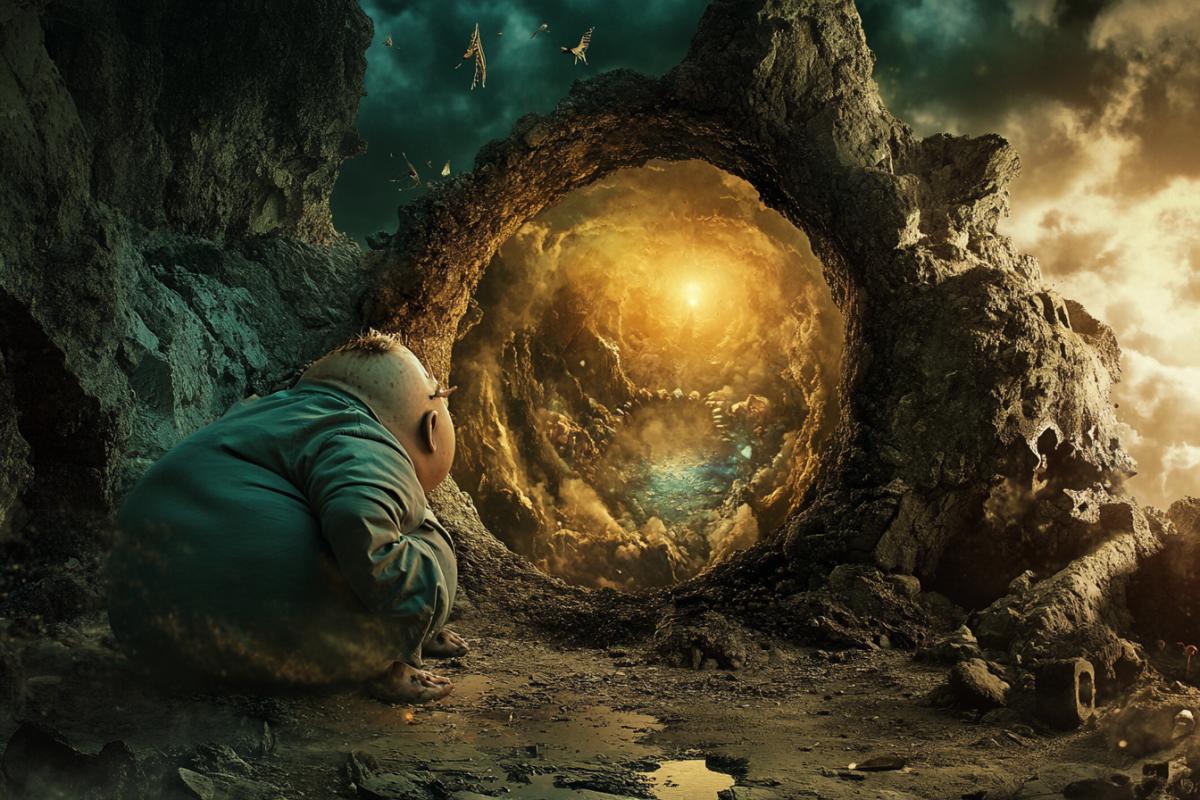 A fat boy with a big luxuryis trying to crawl into a magical portal into a parallel world, surrealism, magic, sorcery