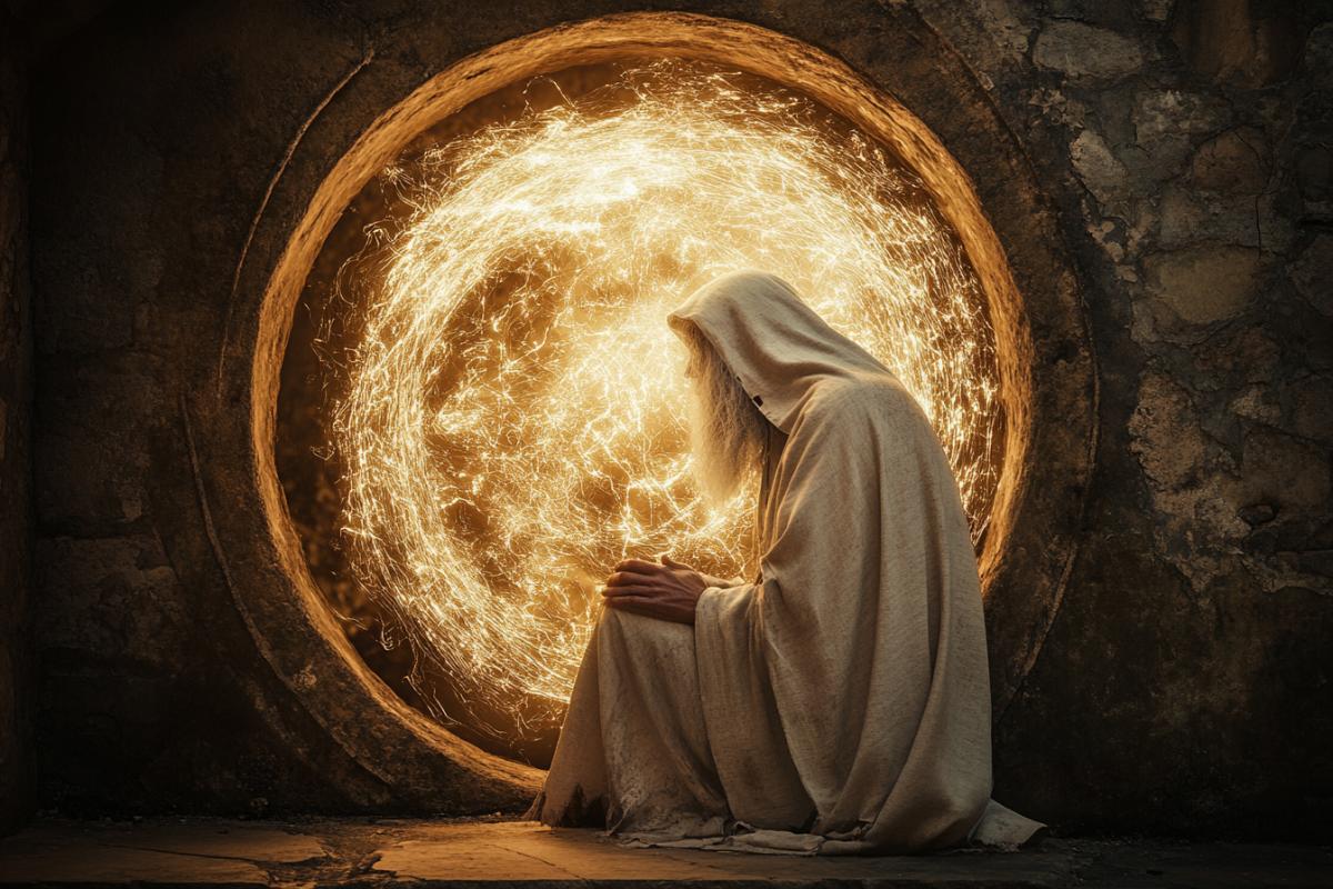 A medieval sorcerer tries to crawl into a magical portal into a parallel world, surrealism, magic, sorcery, from the past to the future