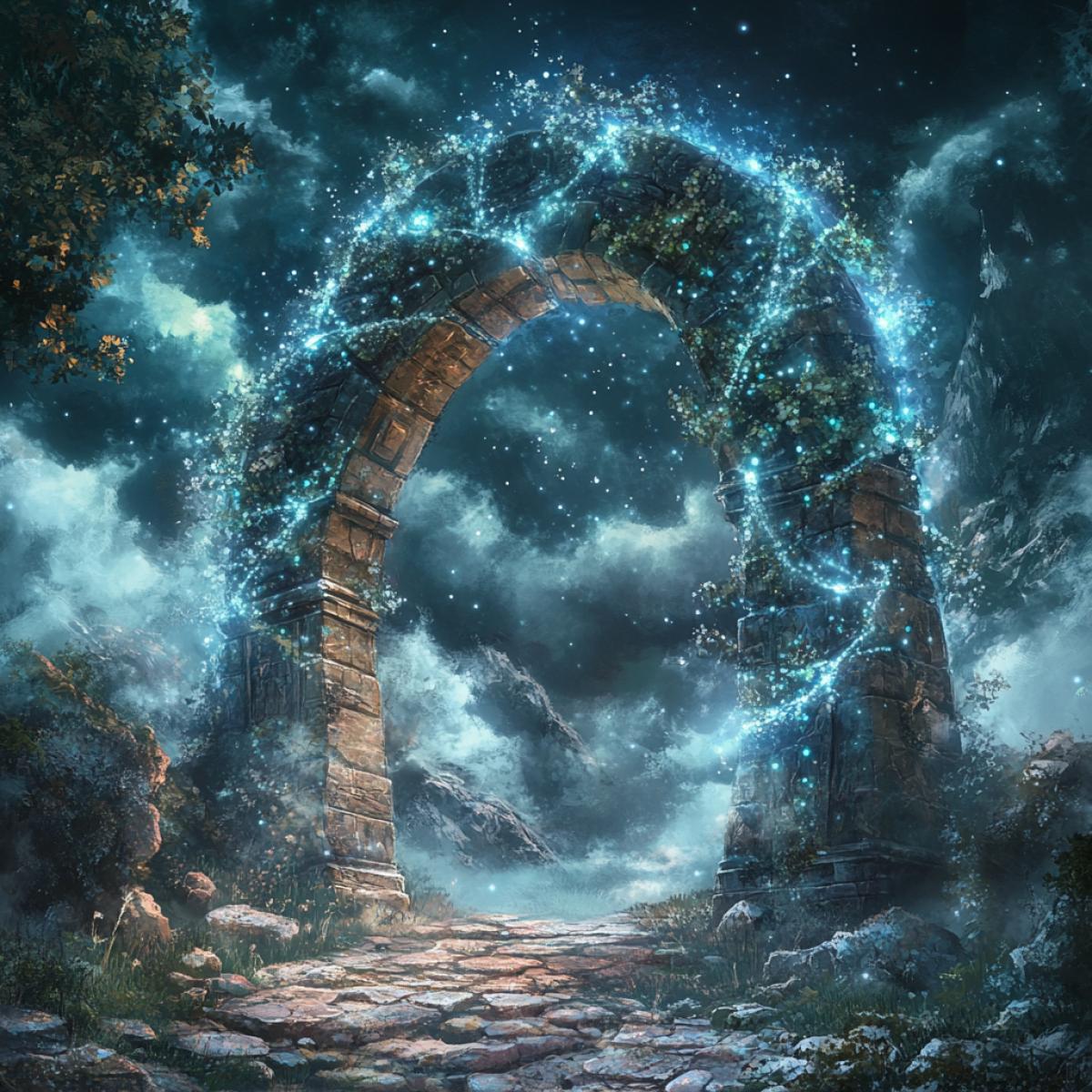 gates that lead to a mysterious, magical world. These could be big stone arches covered with glowing runes, gates of intertwined trees with sparkling leaves, or floating portals surrounded by clouds and flashes of light. Perhaps the gate is hidden in a dark forest thicket, hidden in the ruins of an ancient castle, or located on the top of a mountain, where a winding path leads.