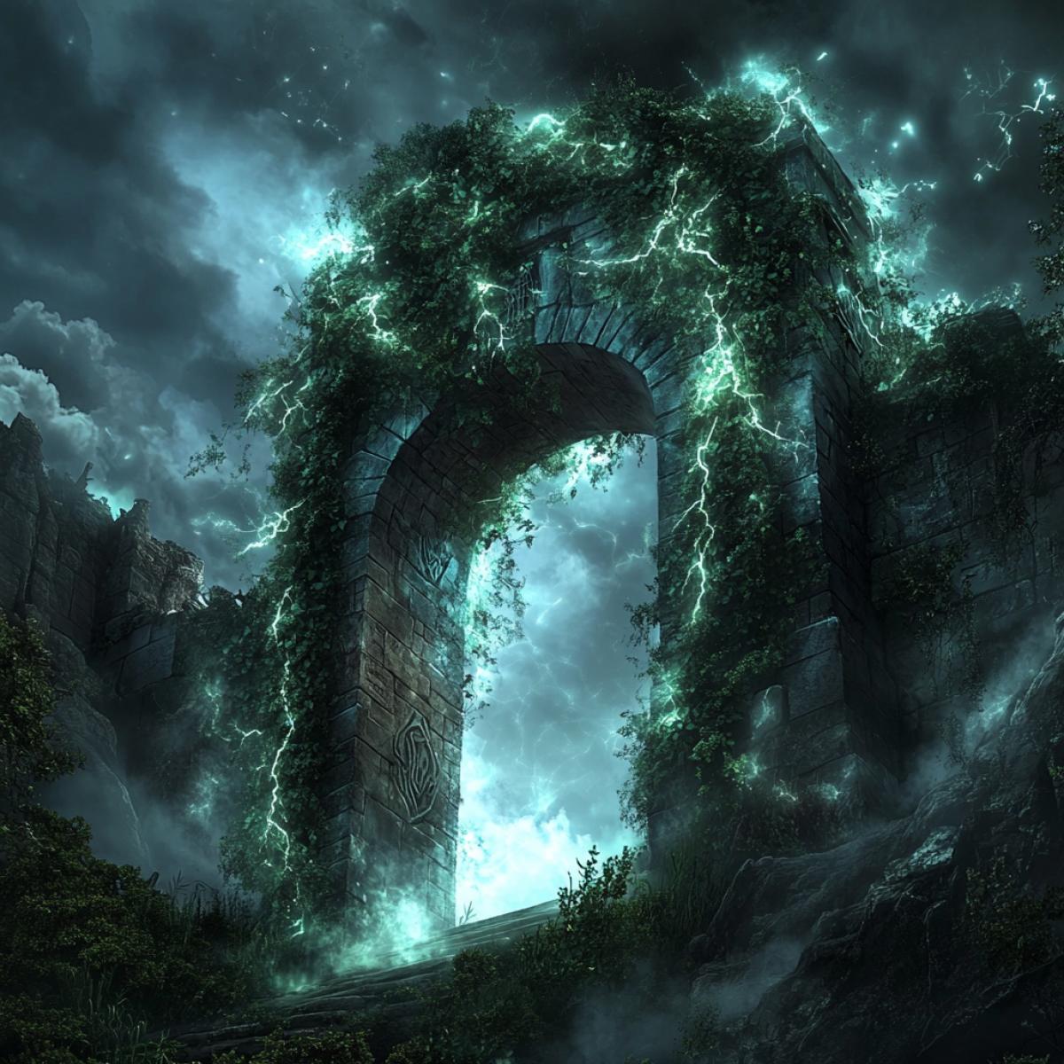 gates that lead to a mysterious, magical world. These could be big stone arches covered with glowing runes, gates of intertwined trees with sparkling leaves, or floating portals surrounded by clouds and flashes of light. Perhaps the gate is hidden in a dark forest thicket, hidden in the ruins of an ancient castle, or located on the top of a mountain, where a winding path leads.