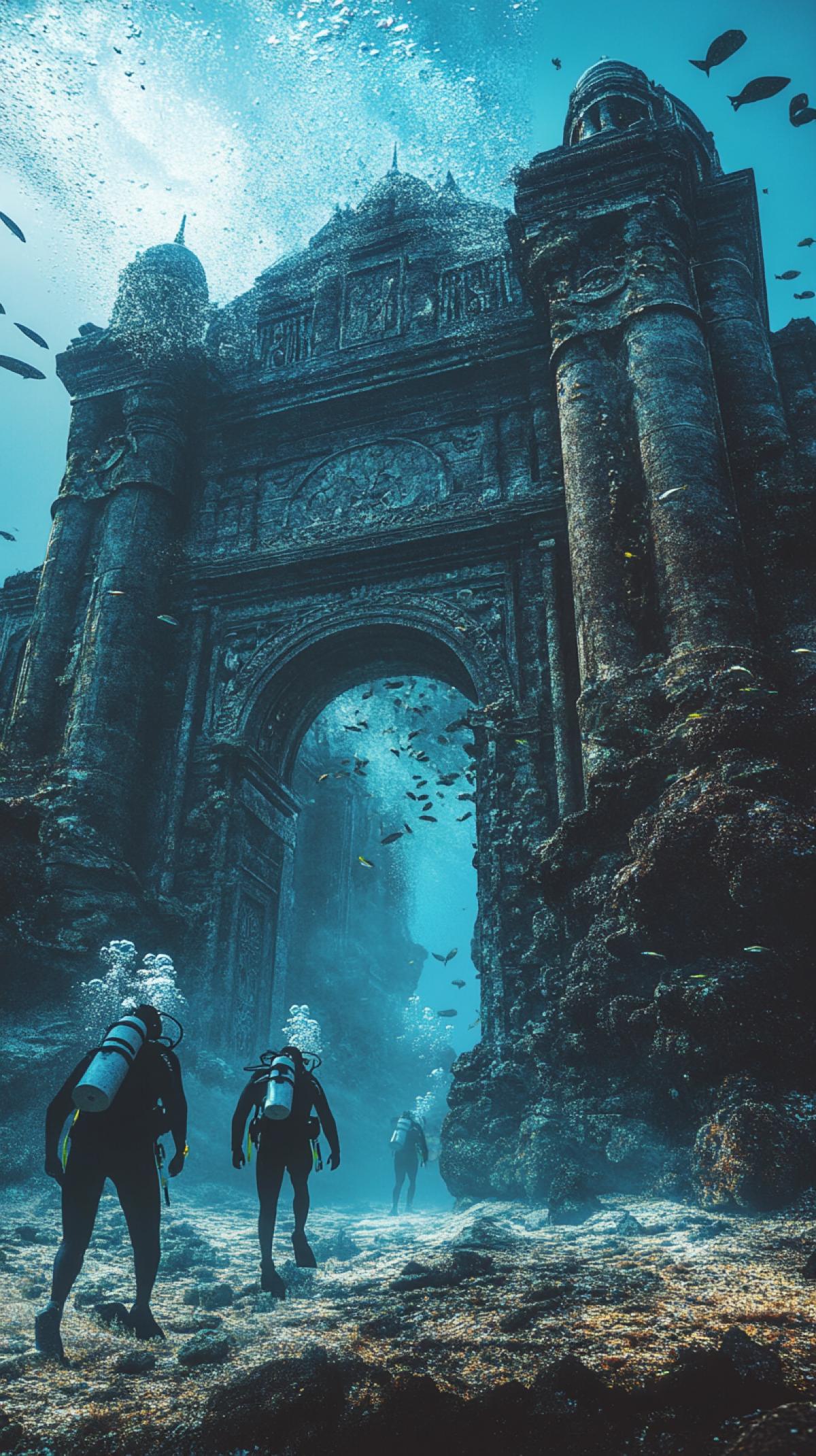scuba divers in front of the colossal gates of lost Atlantis, underwater world, movie shot, fantasy