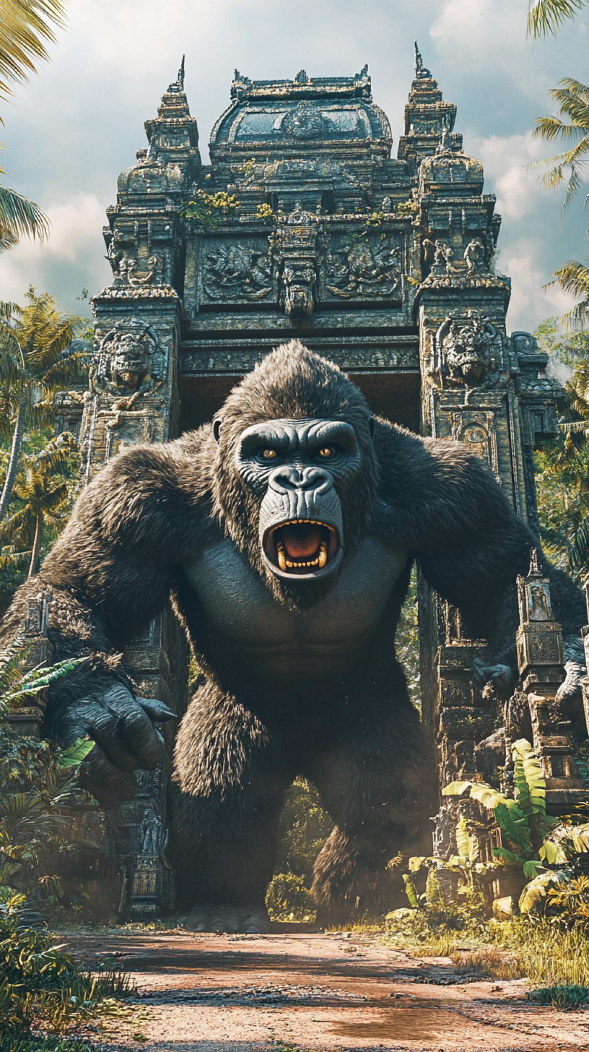 King Kong in front of a colossal gate on an exotic island, dynamic 4k, King Kongs cry, jungle world, movie shot, fantasy